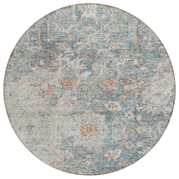 8' Green Blue And Gray Round Oriental Washable Indoor Outdoor Area Rug