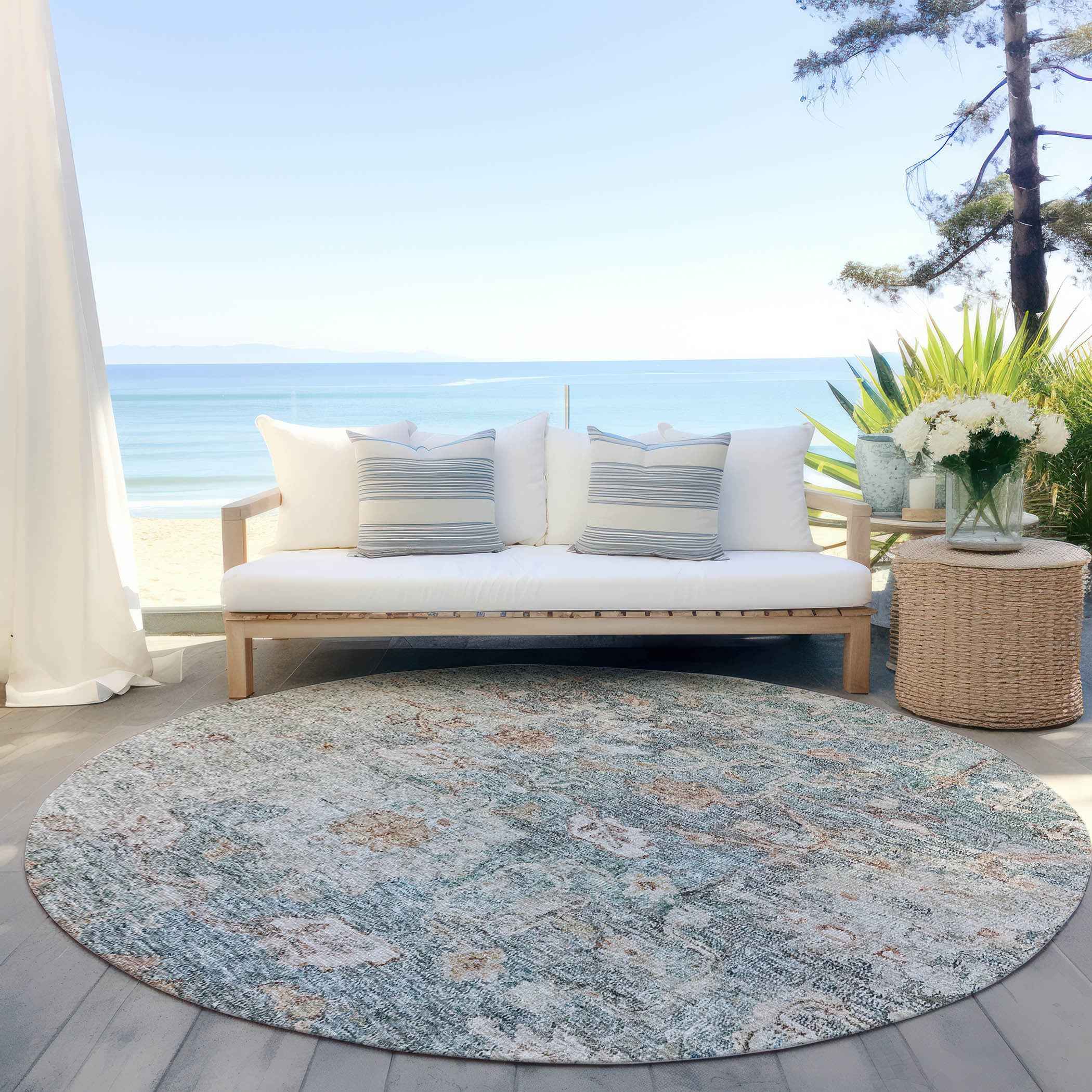 8' Green Blue And Gray Round Oriental Washable Indoor Outdoor Area Rug