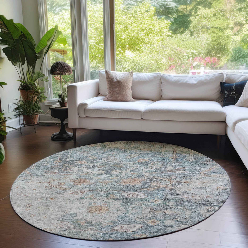 8' Green Blue And Gray Round Oriental Washable Indoor Outdoor Area Rug