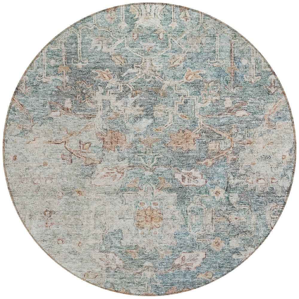 8' Green Blue And Gray Round Oriental Washable Indoor Outdoor Area Rug