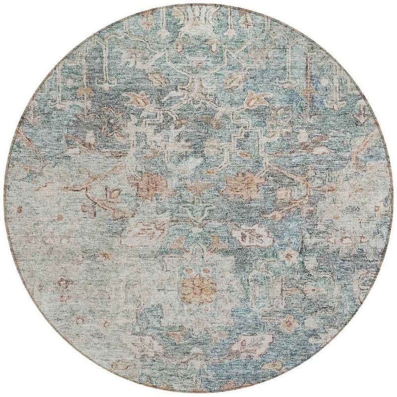 8' Green Blue And Gray Round Oriental Washable Indoor Outdoor Area Rug