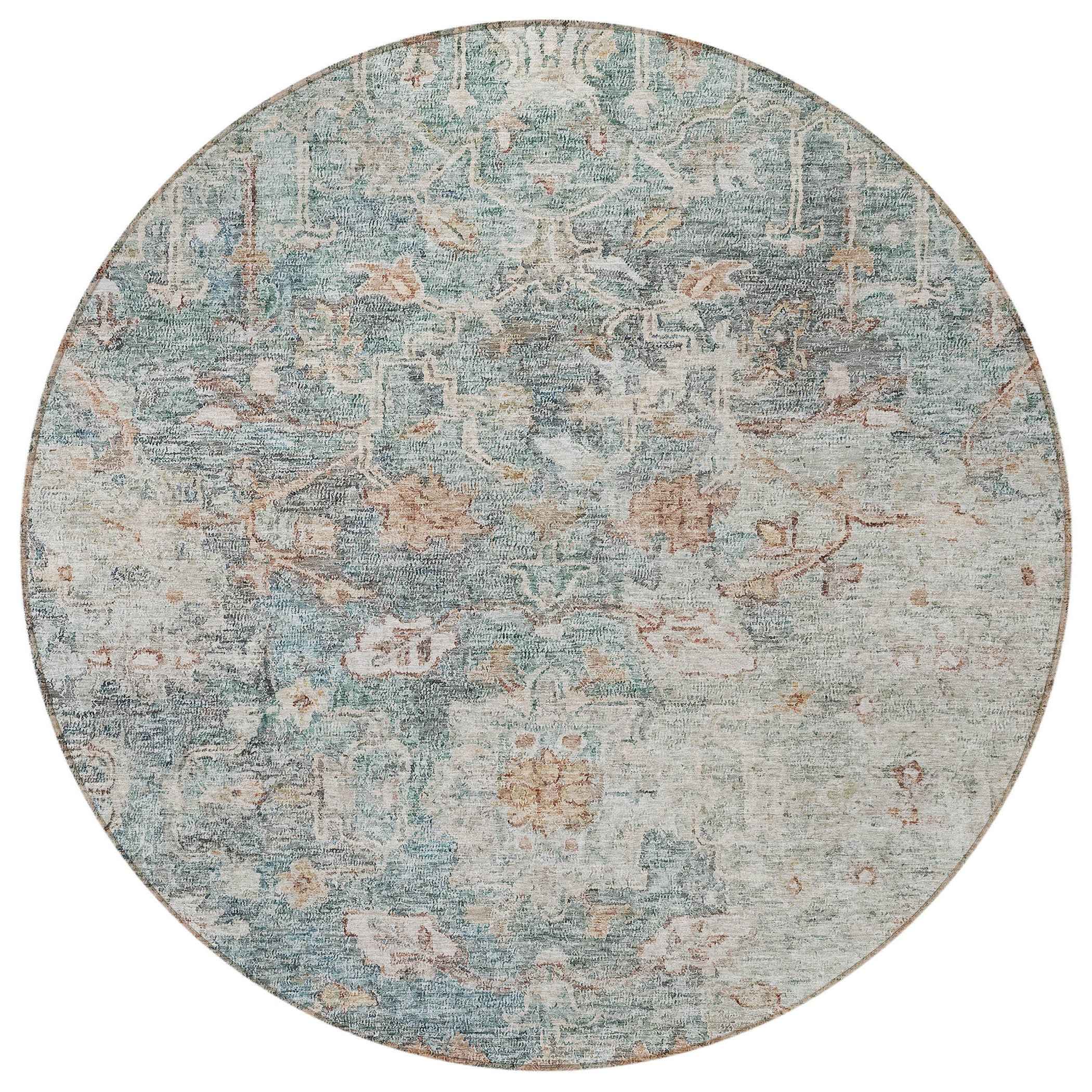 8' Green Blue And Gray Round Oriental Washable Indoor Outdoor Area Rug