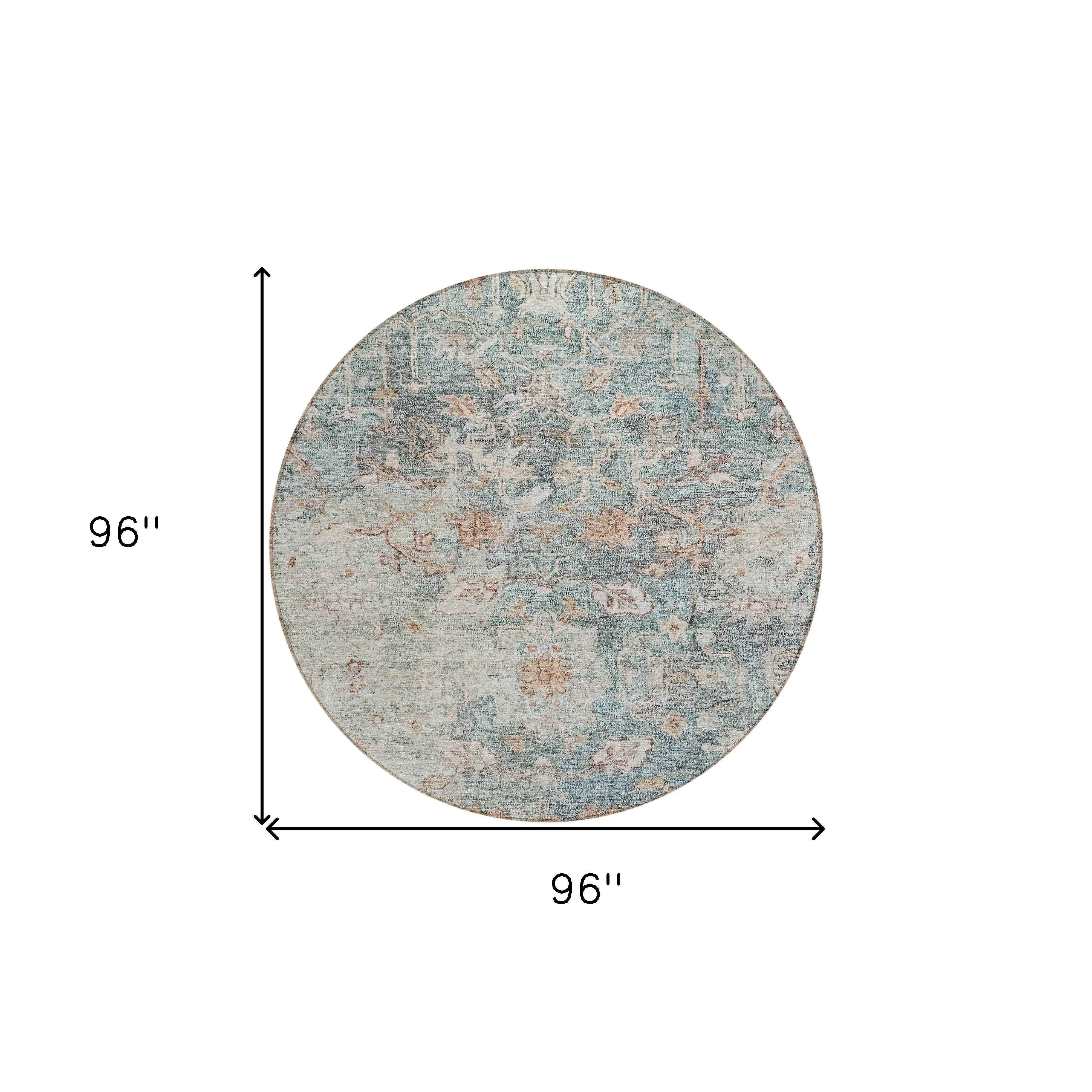 8' Green Blue And Gray Round Oriental Washable Indoor Outdoor Area Rug