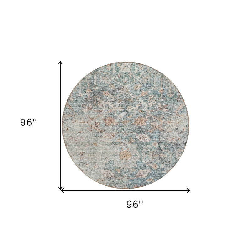 8' Green Blue And Gray Round Oriental Washable Indoor Outdoor Area Rug