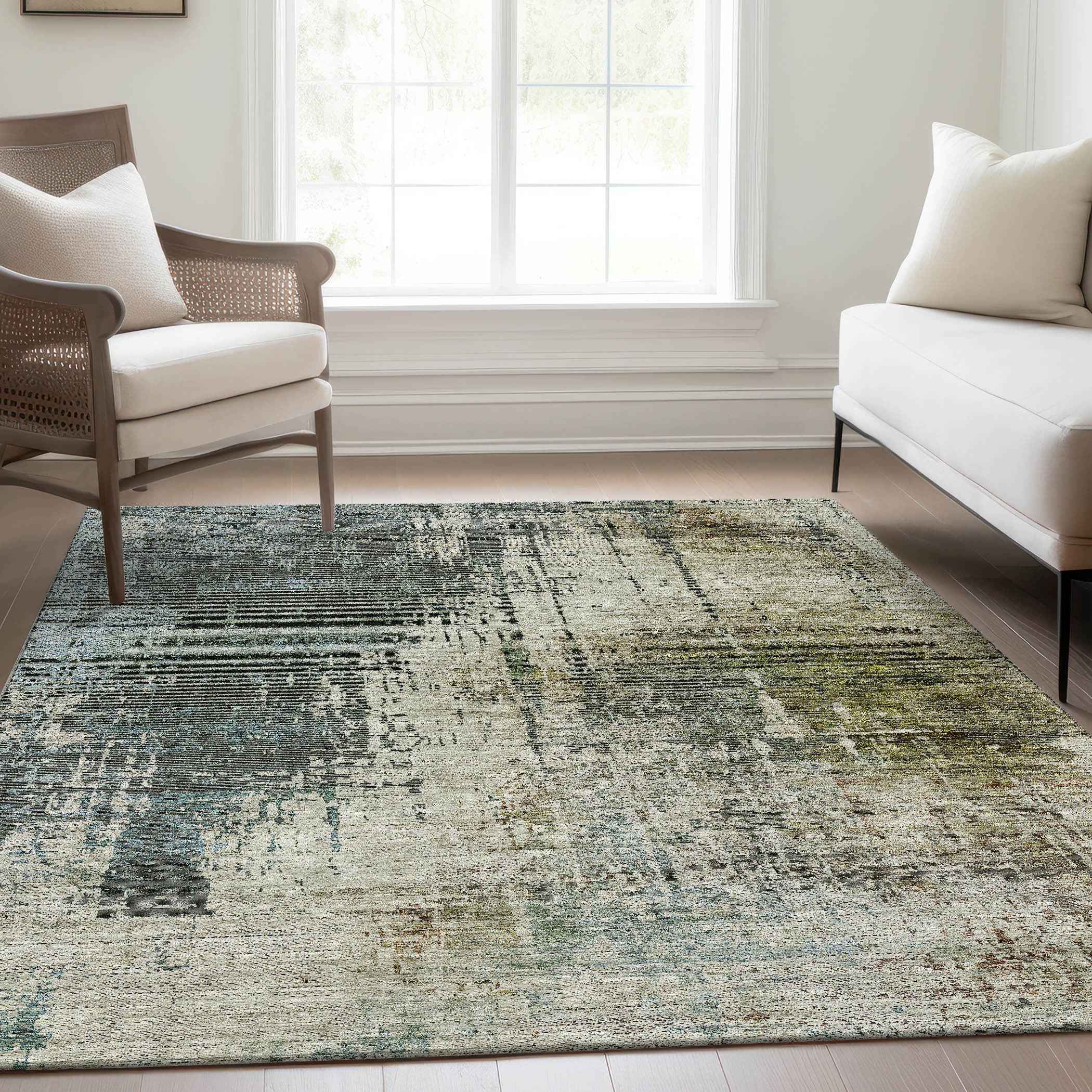 10' X 14' Sage Beige And Brown Abstract Washable Indoor Outdoor Area Rug