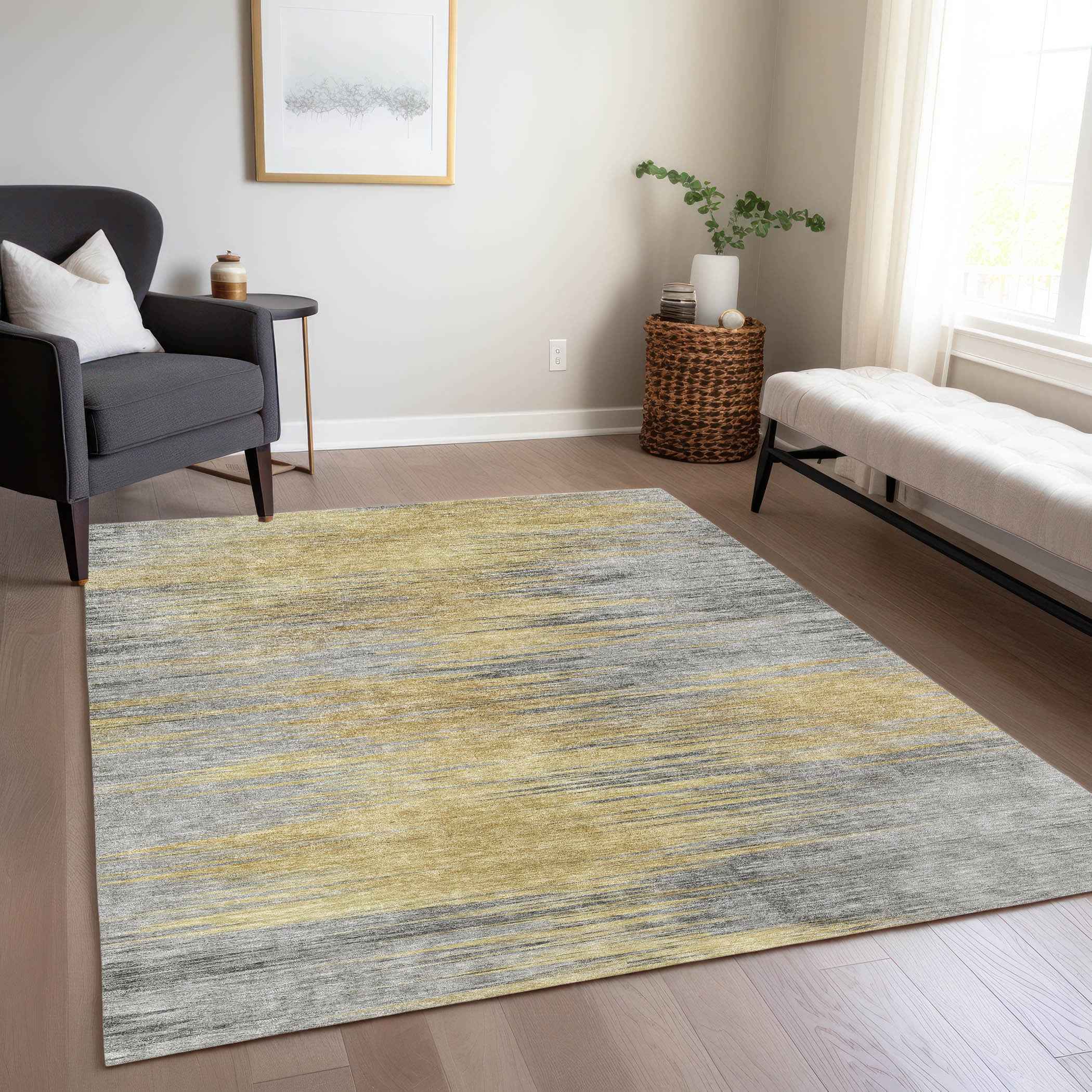 3' X 5' Gold Gray And Charcoal Abstract Washable Indoor Outdoor Area Rug