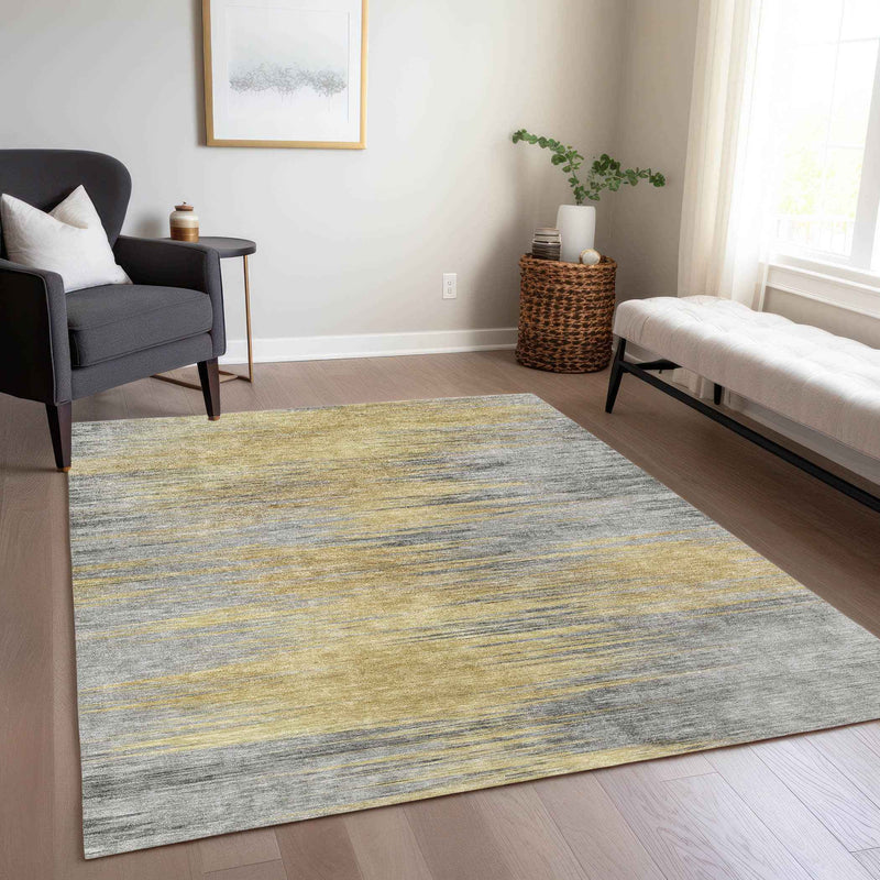 3' X 5' Gold Gray And Charcoal Abstract Washable Indoor Outdoor Area Rug