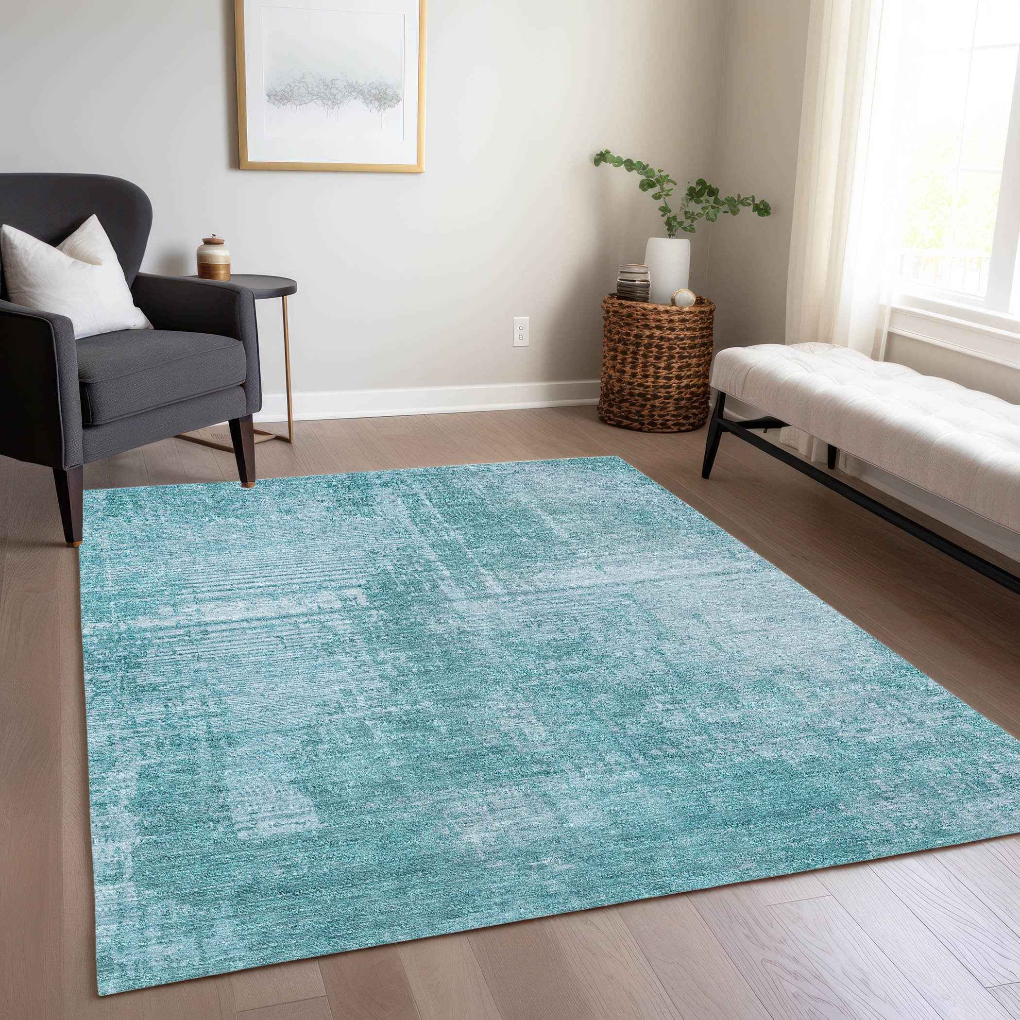 3' X 5' Aqua Teal Blue And Gray Abstract Washable Indoor Outdoor Area Rug