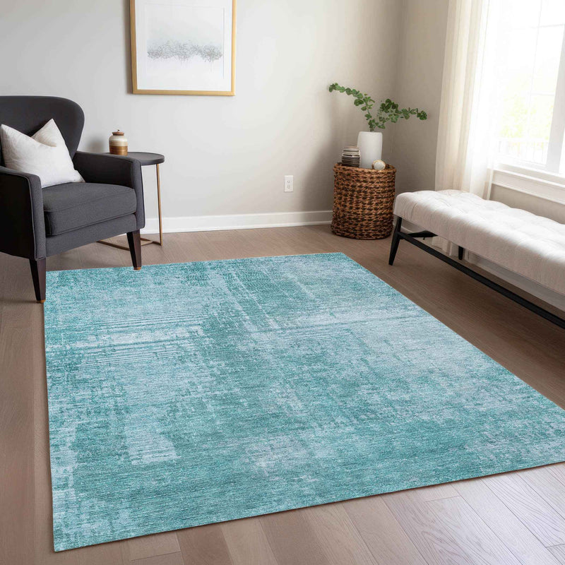 3' X 5' Aqua Teal Blue And Gray Abstract Washable Indoor Outdoor Area Rug