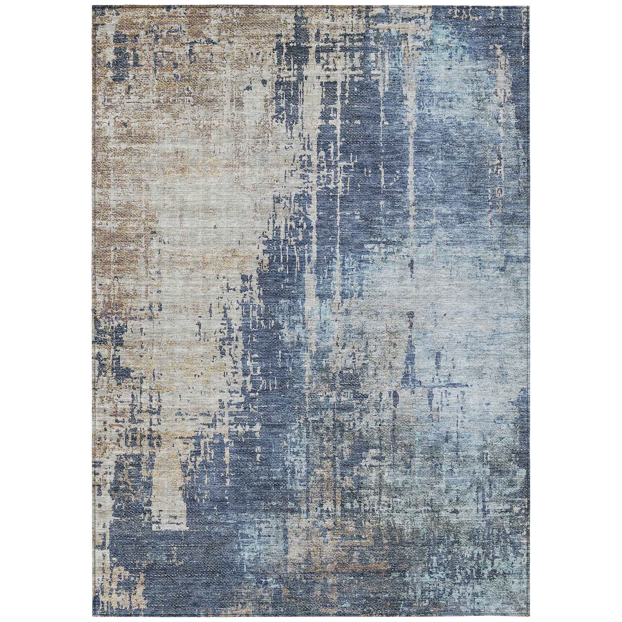 5' X 8' Navy Blue And Taupe Abstract Washable Indoor Outdoor Area Rug