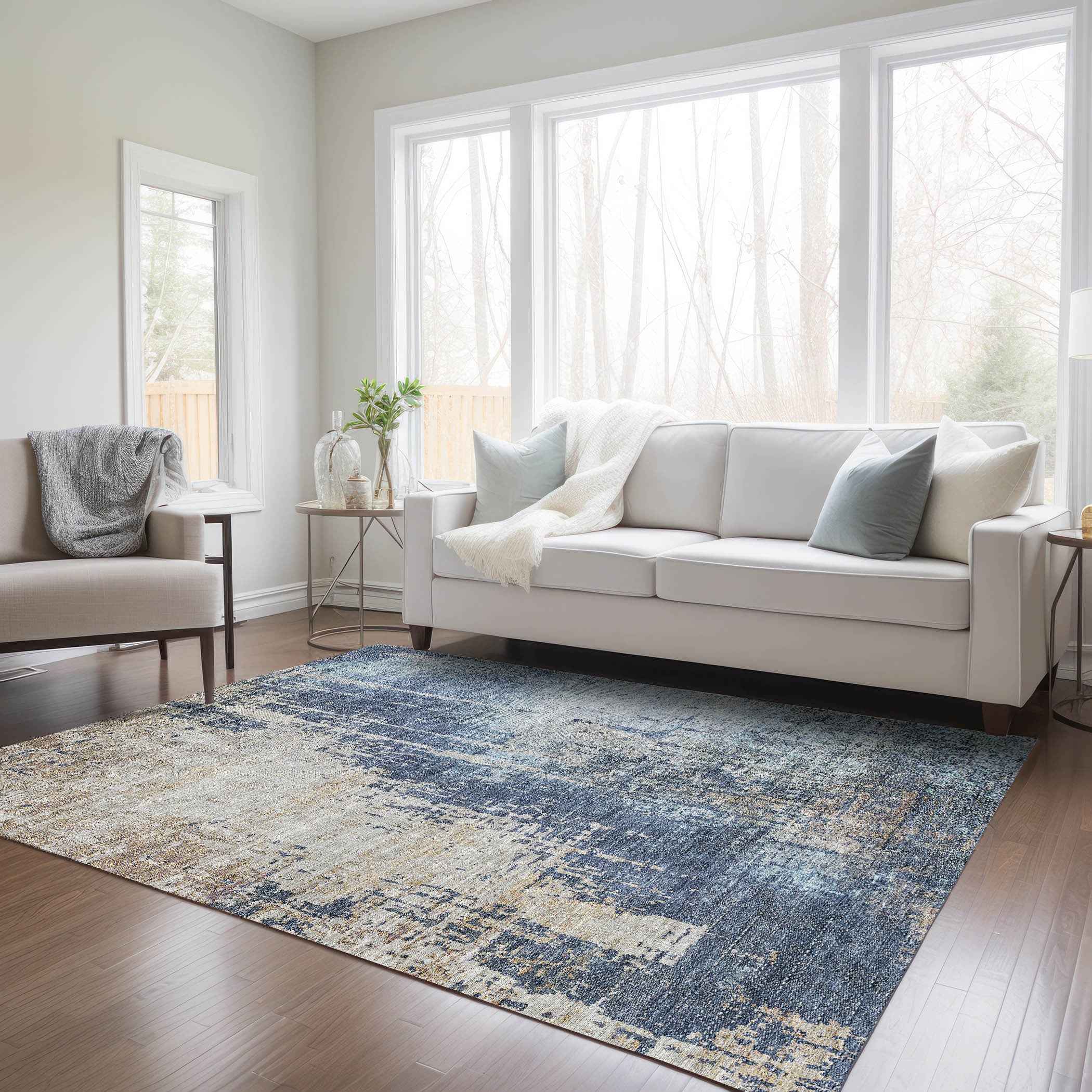 5' X 8' Navy Blue And Taupe Abstract Washable Indoor Outdoor Area Rug