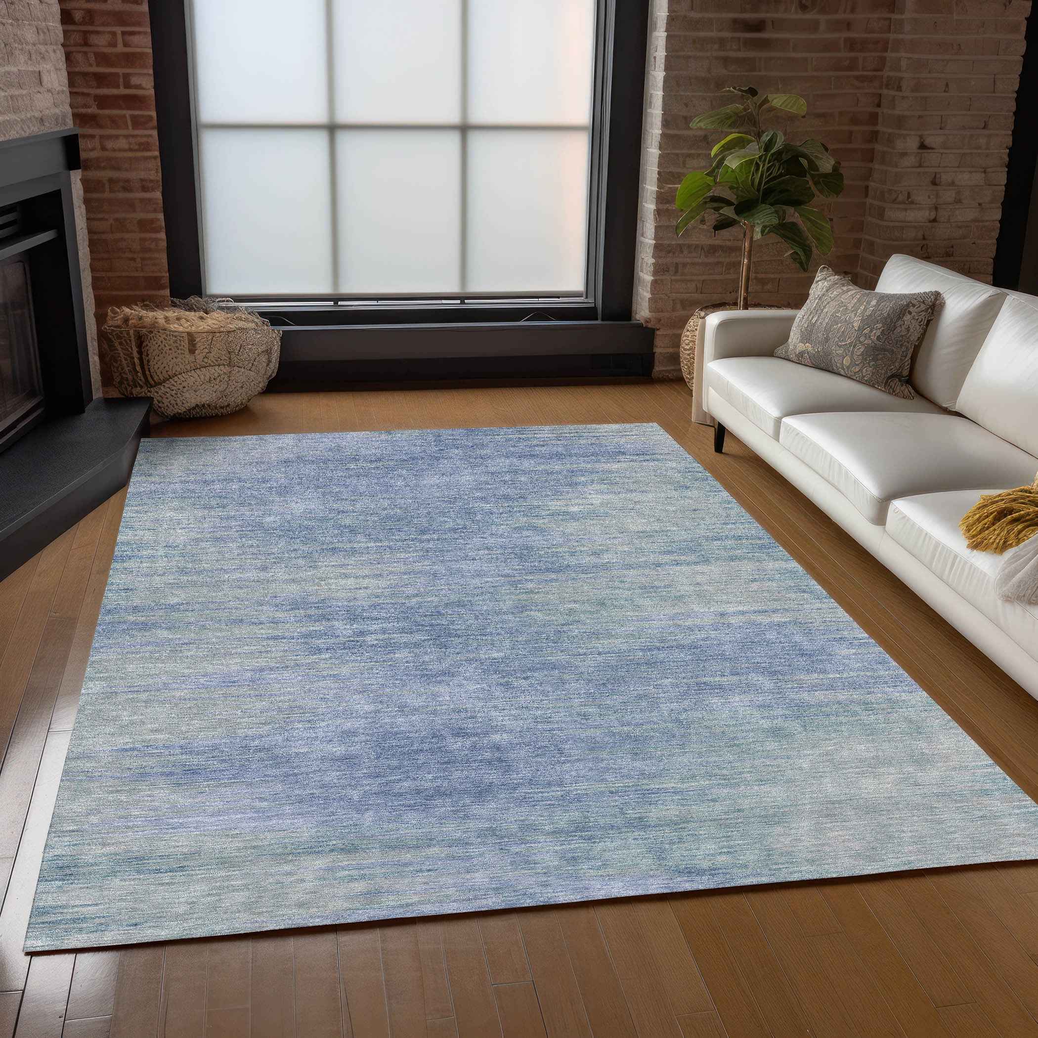 9' X 12' Denim Blue And Sky Blue Abstract Washable Indoor Outdoor Area Rug
