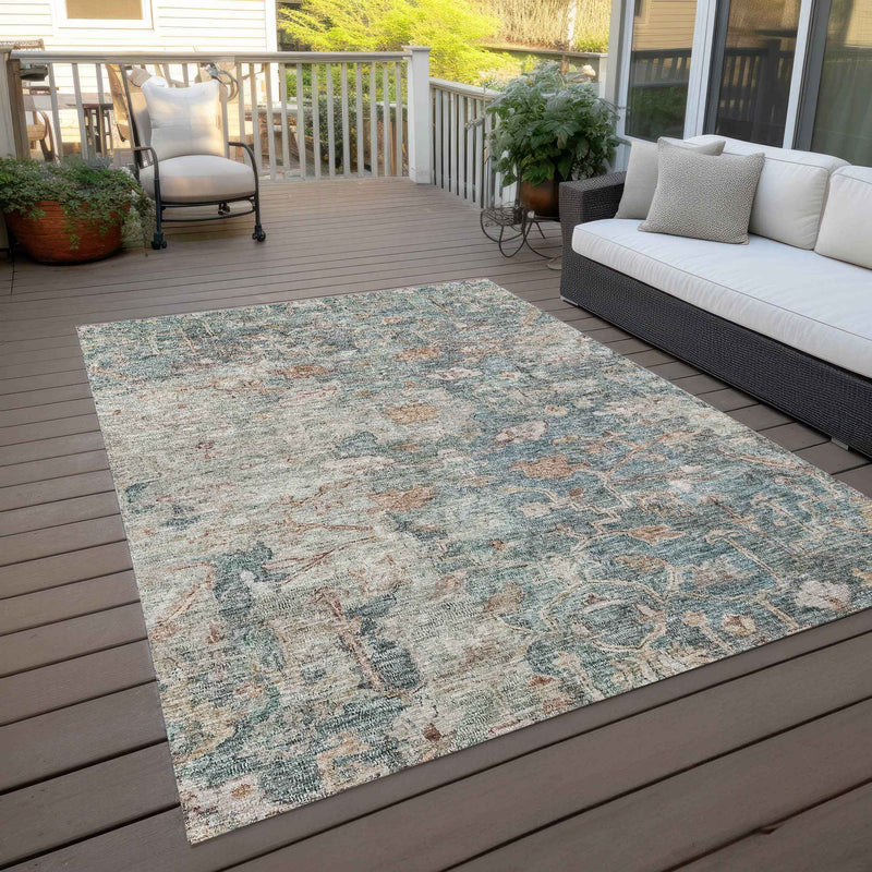 3' X 5' Green Blue And Gray Oriental Washable Indoor Outdoor Area Rug