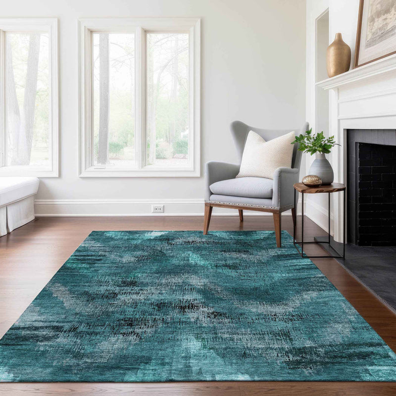 10' X 14' Teal Blue Aqua And Gray Abstract Washable Indoor Outdoor Area Rug