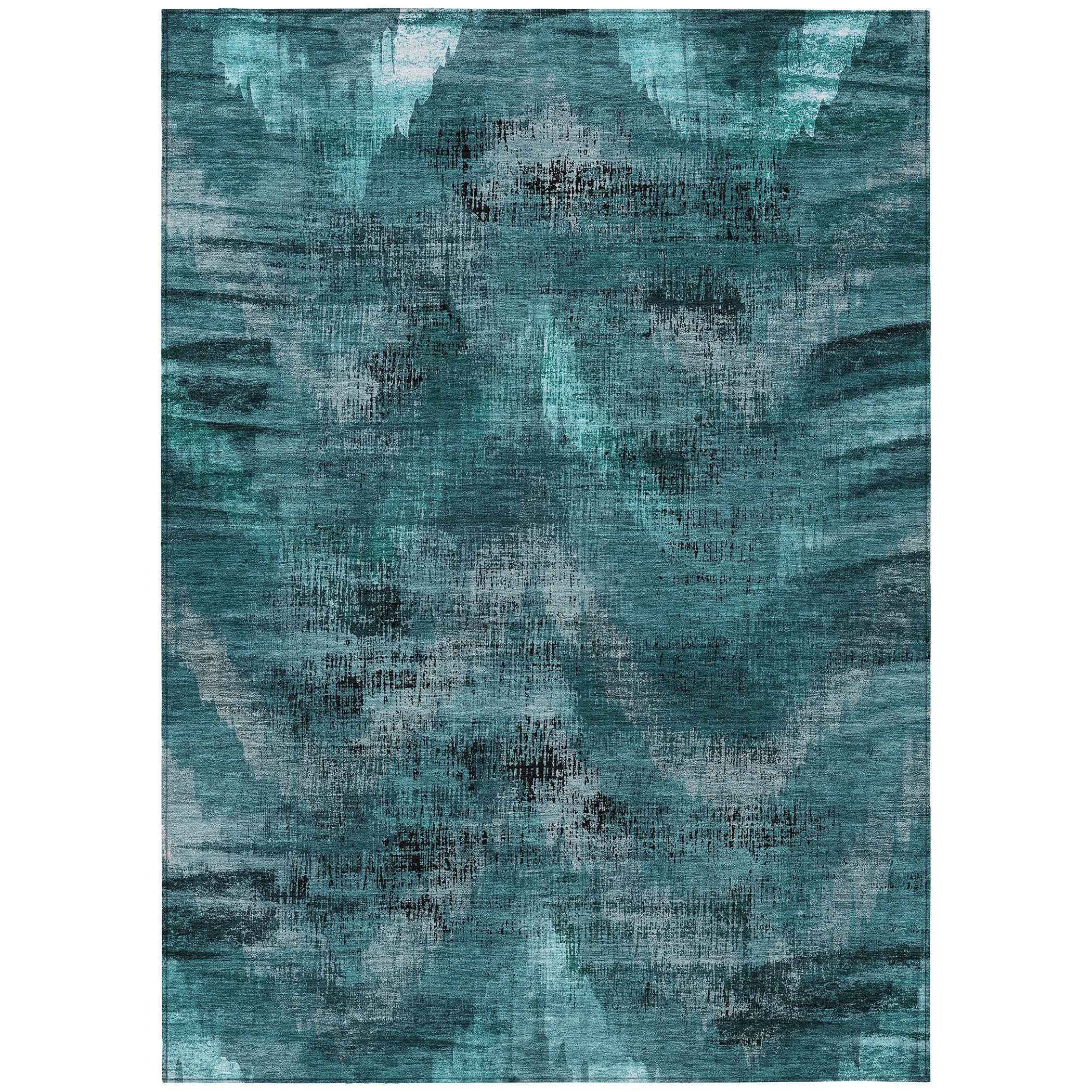 10' X 14' Teal Blue Aqua And Gray Abstract Washable Indoor Outdoor Area Rug