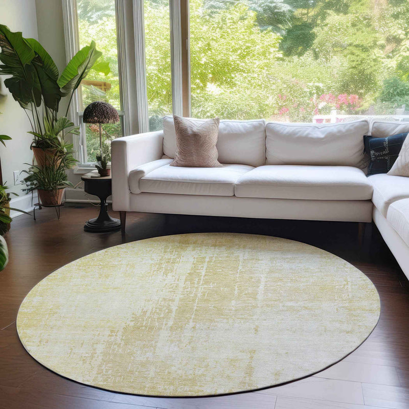 8' Gold Ivory And Beige Round Abstract Washable Indoor Outdoor Area Rug