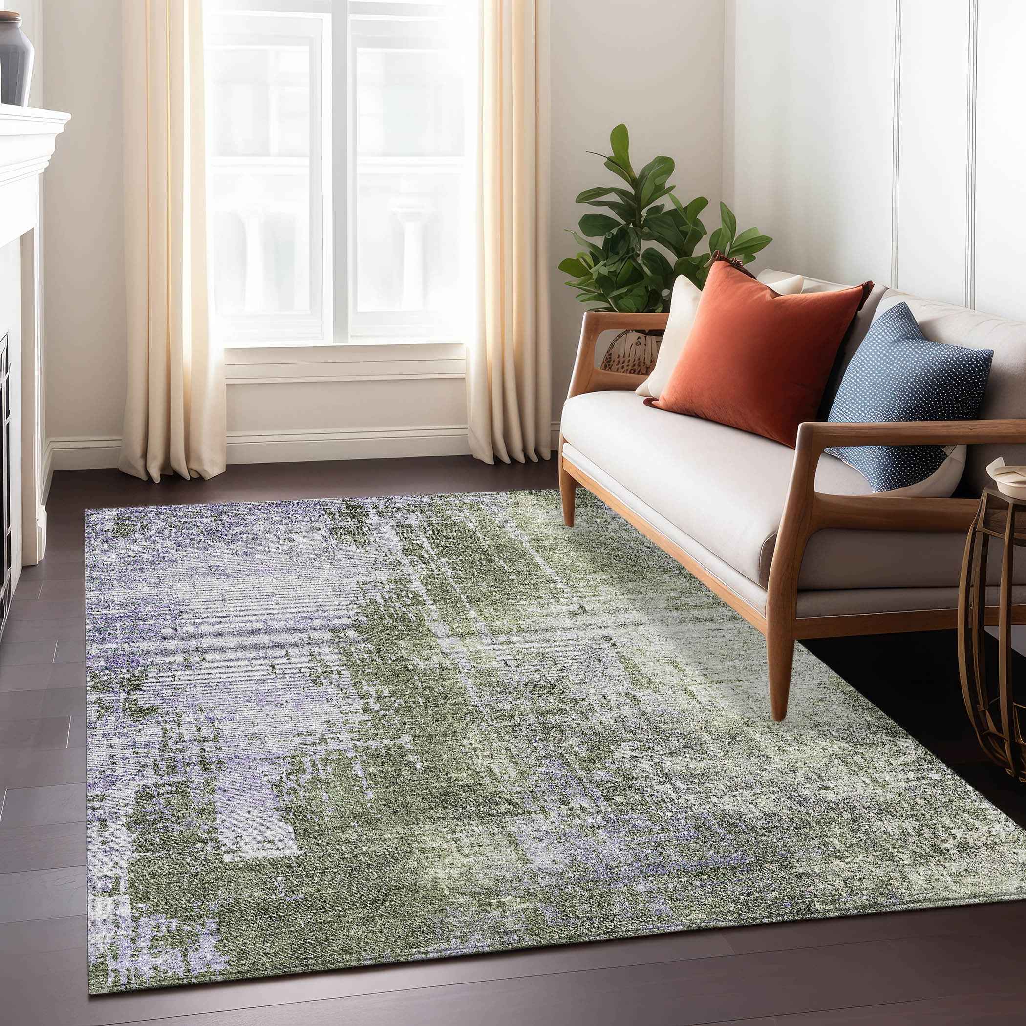 3' X 5' Olive Green And Purple Abstract Washable Indoor Outdoor Area Rug