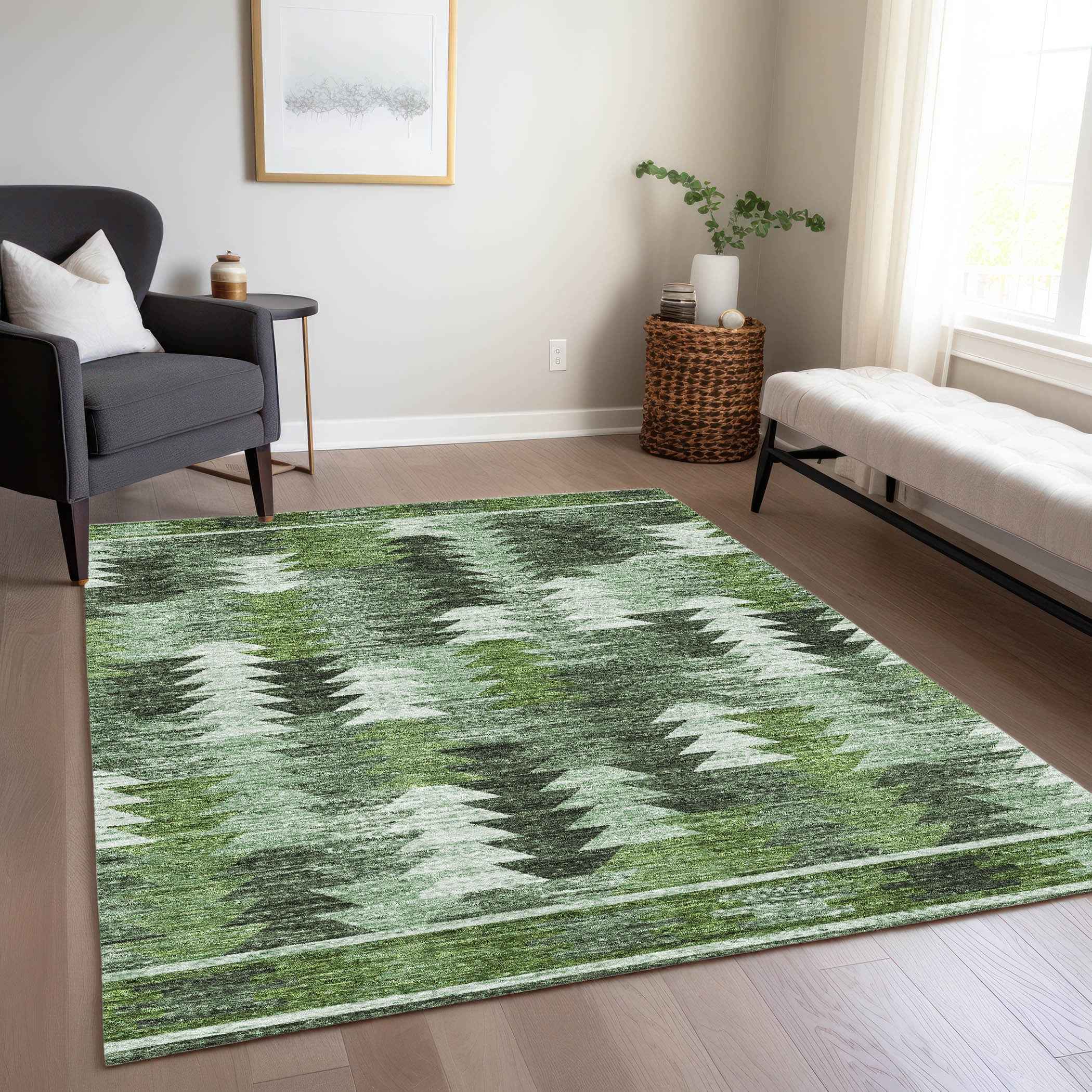 3' X 5' Olive Green And Fern Green Southwestern Washable Indoor Outdoor Area Rug