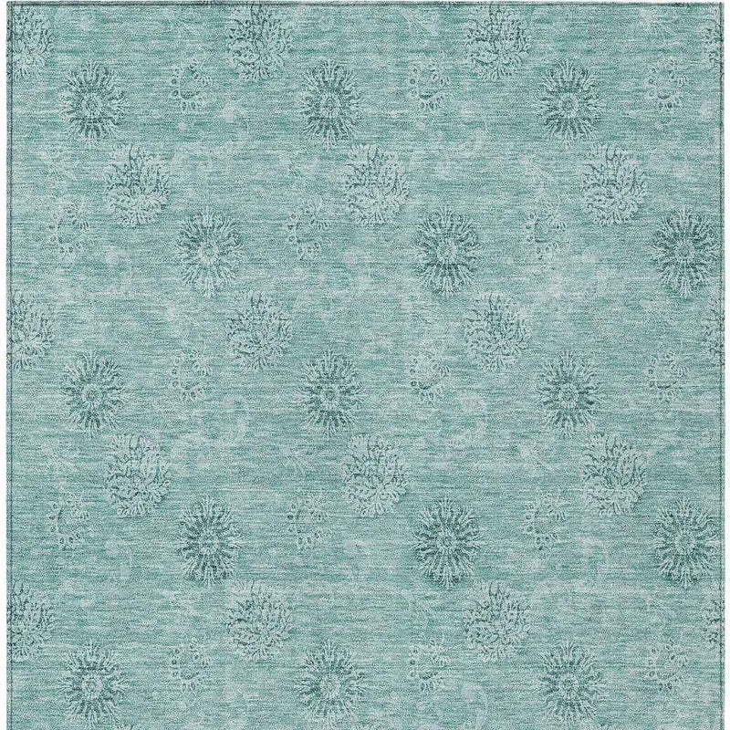 8' X 10' Teal Blue And Ivory Floral Washable Indoor Outdoor Area Rug