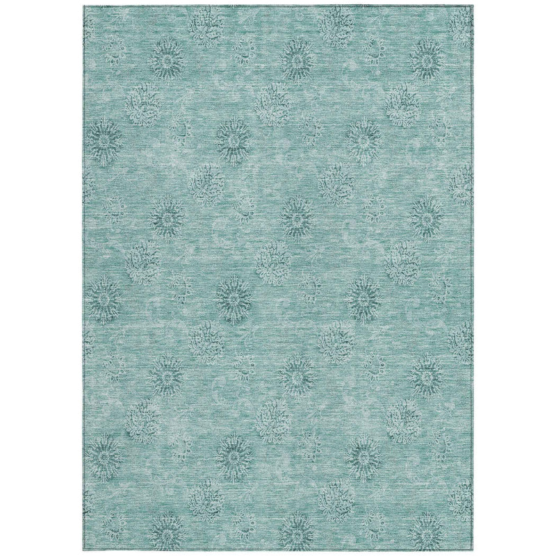 8' X 10' Teal Blue And Ivory Floral Washable Indoor Outdoor Area Rug