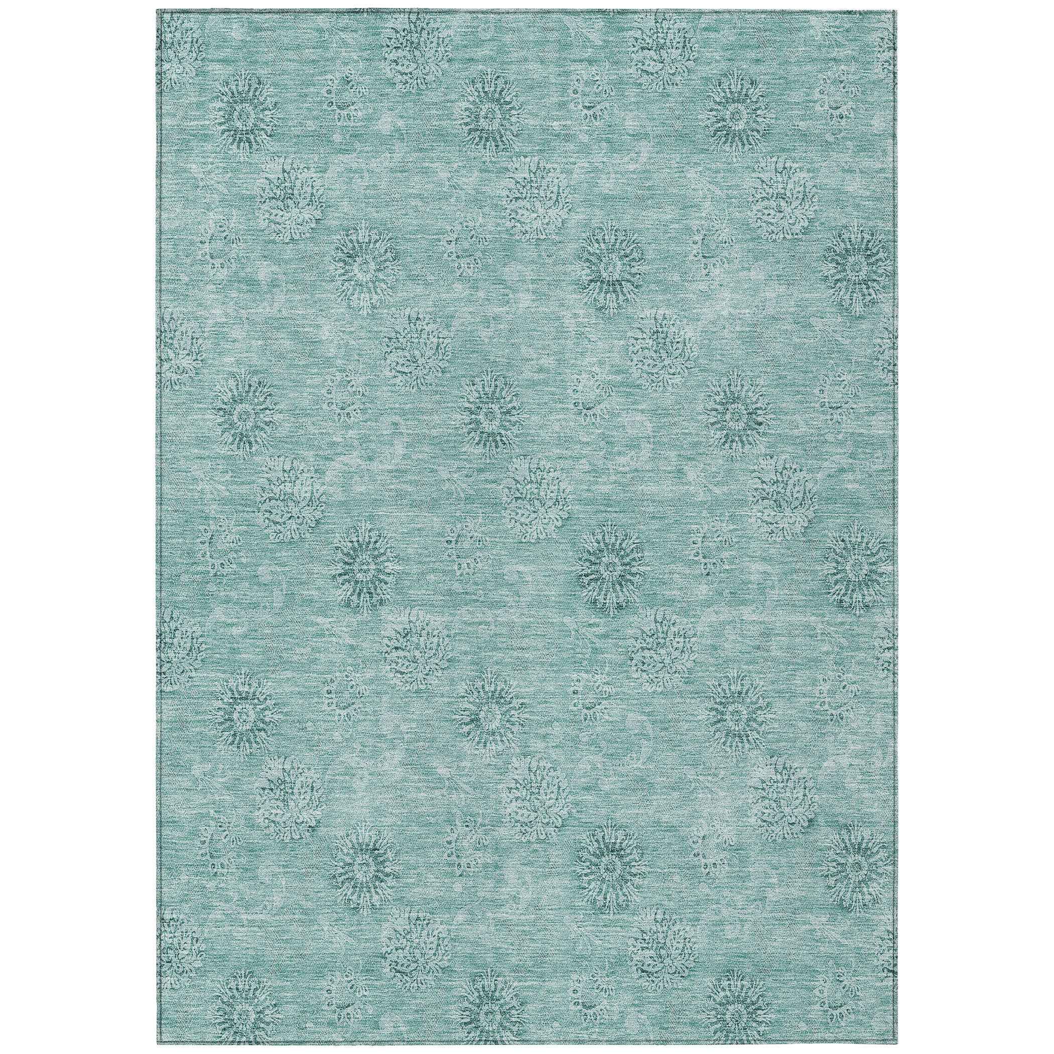 8' X 10' Teal Blue And Ivory Floral Washable Indoor Outdoor Area Rug