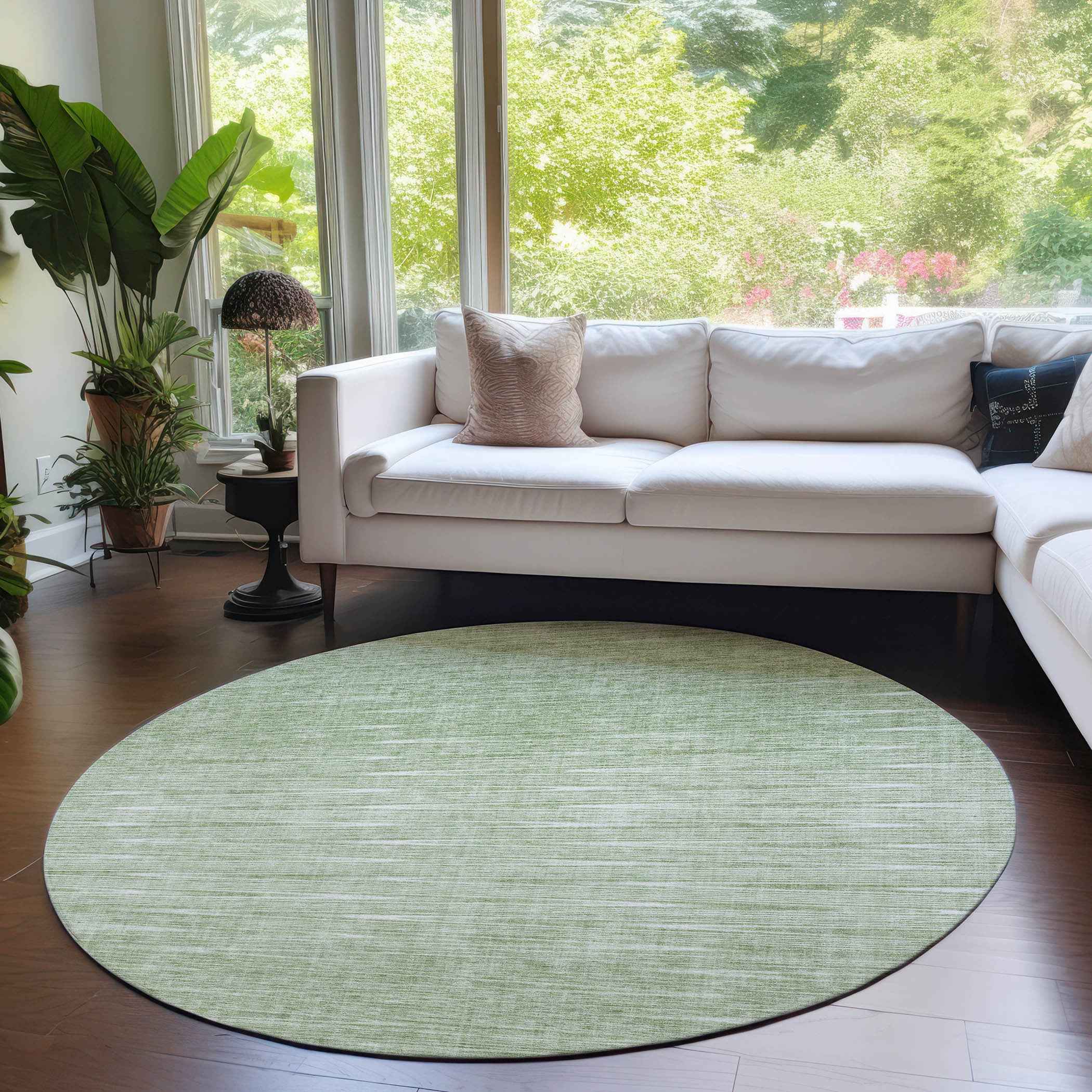 8' Artichoke Green And Green Round Abstract Washable Indoor Outdoor Area Rug