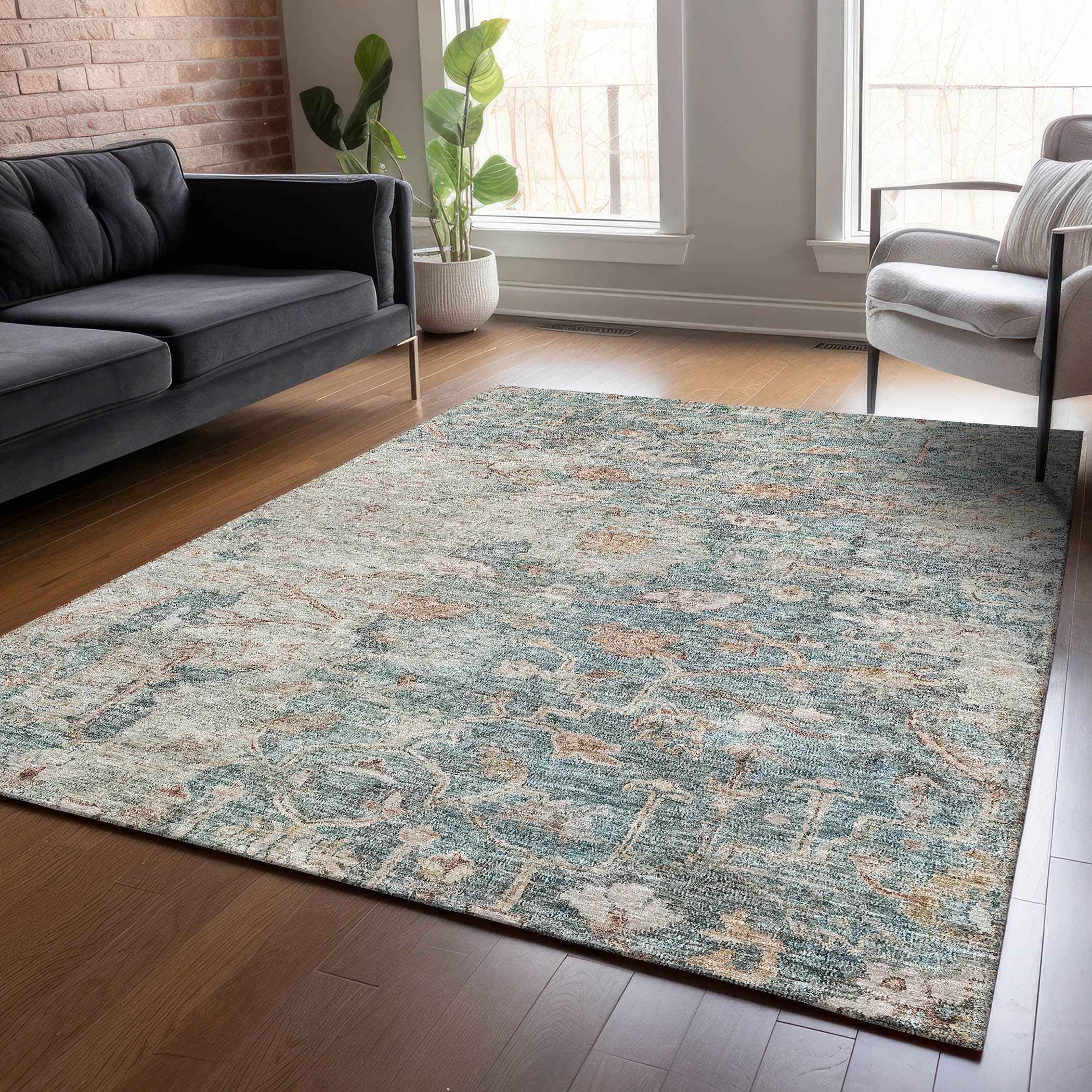 9' X 12' Green Blue And Gray Oriental Washable Indoor Outdoor Area Rug
