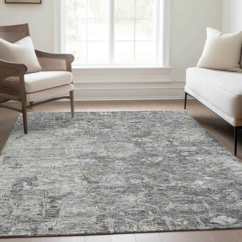 3' X 5' Gray Beige And Charcoal Oriental Washable Indoor Outdoor Area Rug