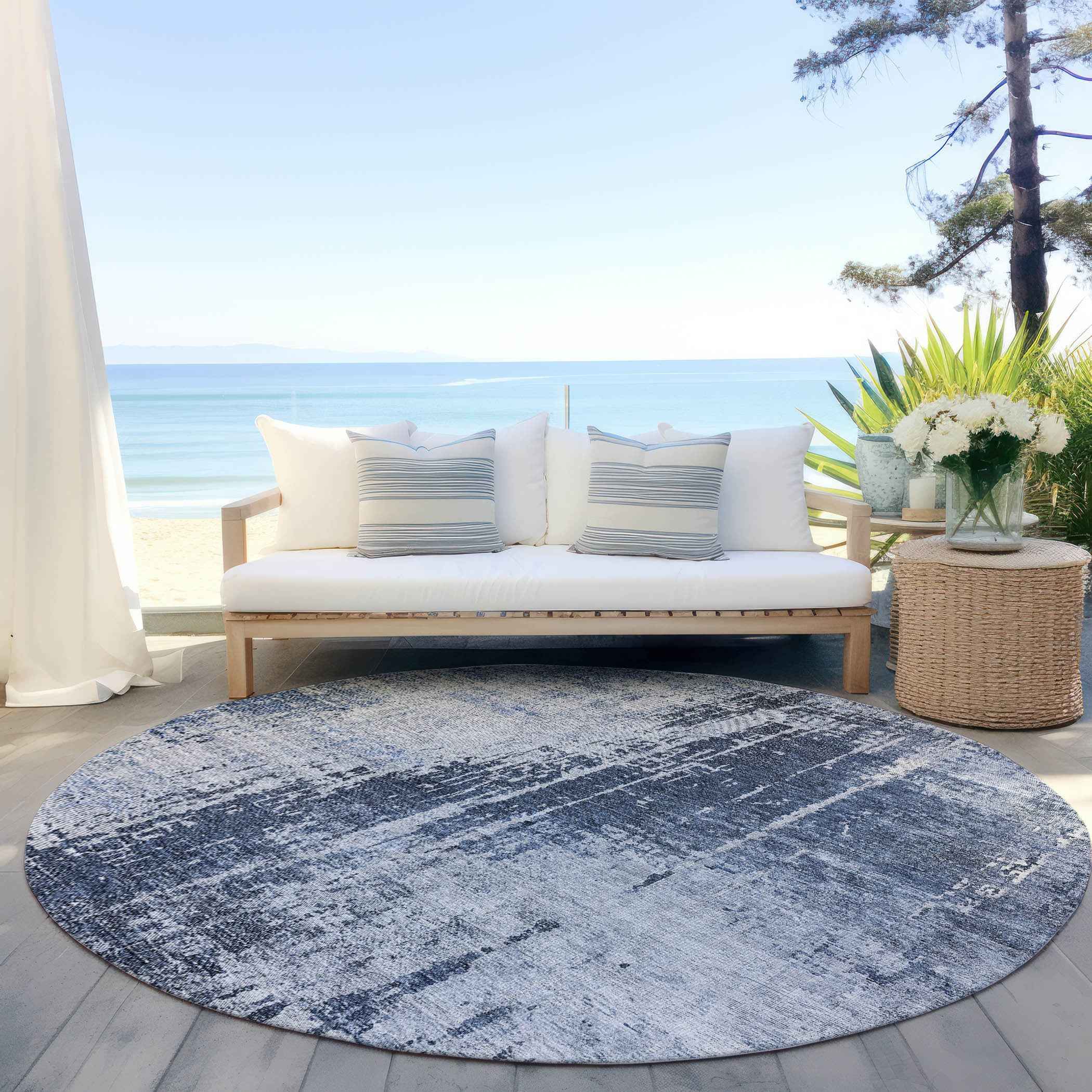 8' Navy Blue And Sky Blue Round Abstract Washable Indoor Outdoor Area Rug