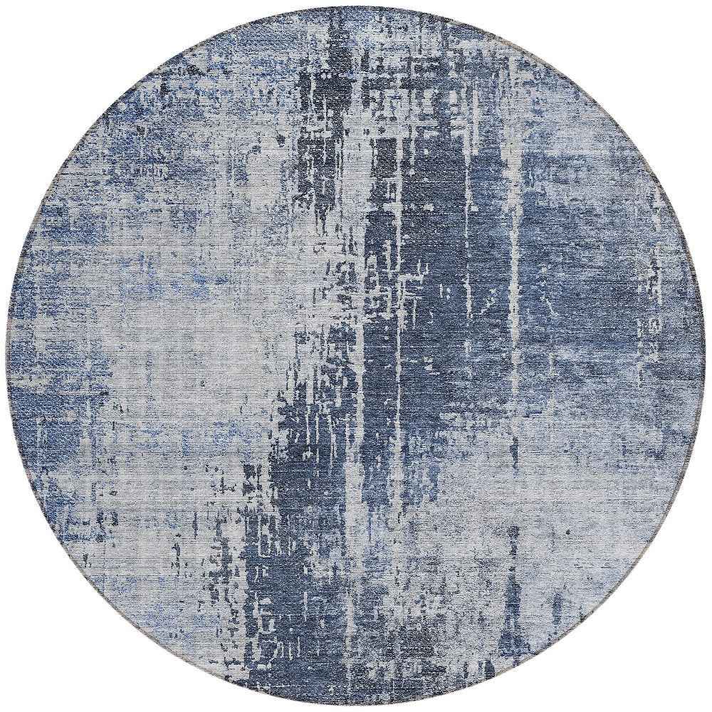 8' Navy Blue And Sky Blue Round Abstract Washable Indoor Outdoor Area Rug