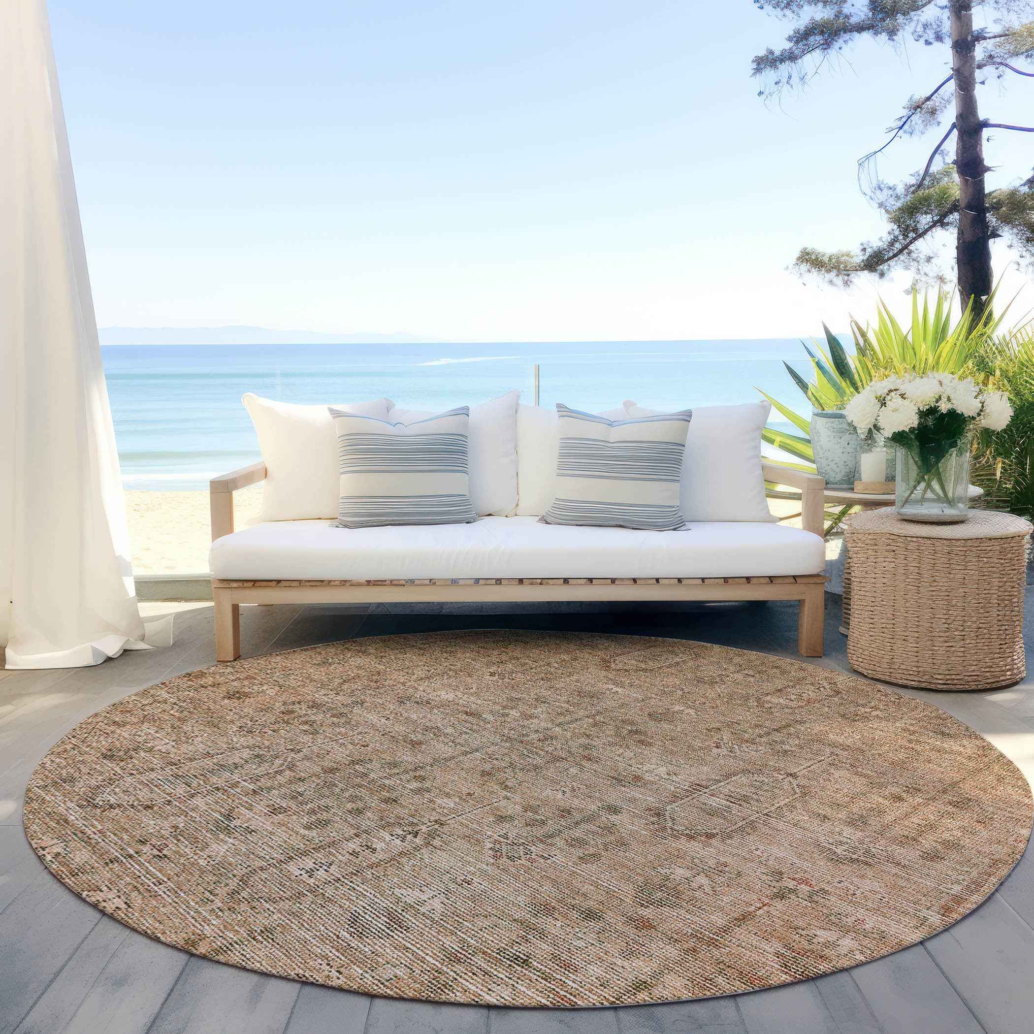 8' Terra Cotta And Copper Round Southwestern Washable Indoor Outdoor Area Rug