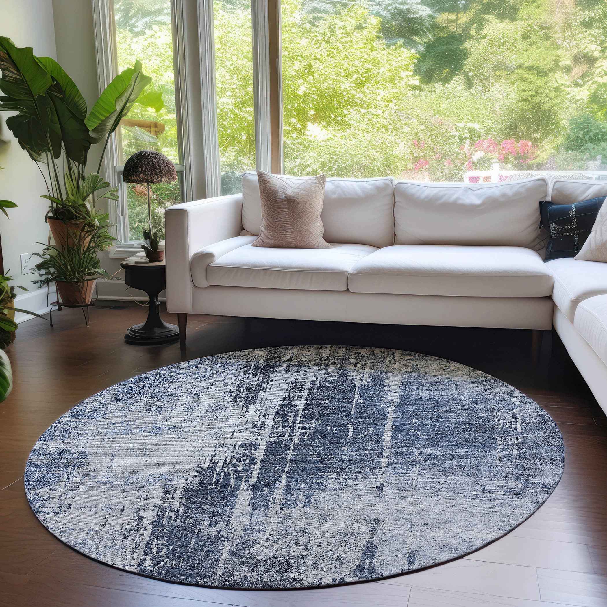 8' Navy Blue And Sky Blue Round Abstract Washable Indoor Outdoor Area Rug