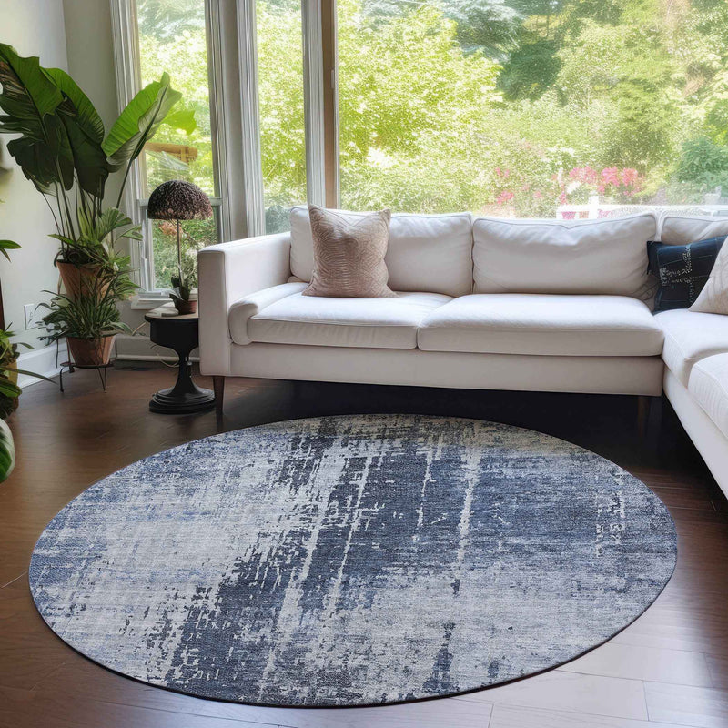 8' Navy Blue And Sky Blue Round Abstract Washable Indoor Outdoor Area Rug