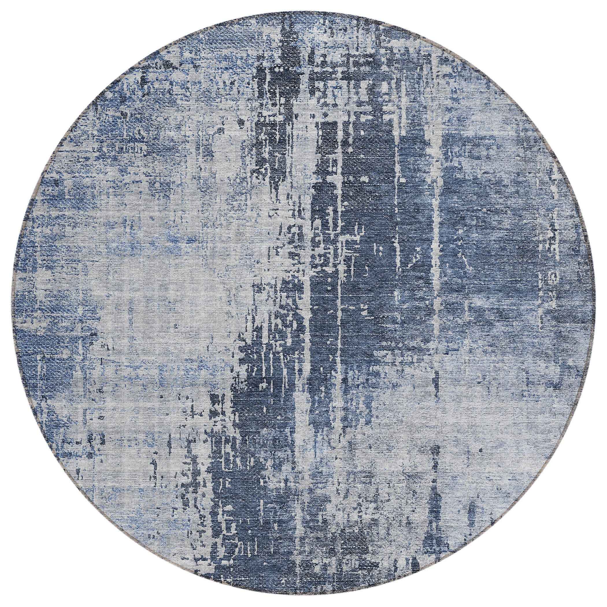 8' Navy Blue And Sky Blue Round Abstract Washable Indoor Outdoor Area Rug