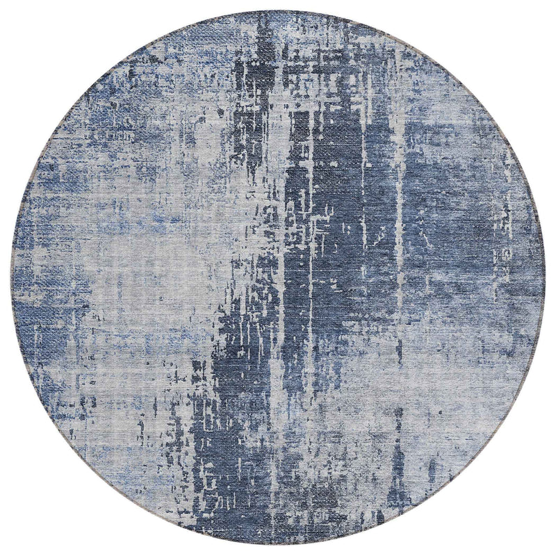 8' Navy Blue And Sky Blue Round Abstract Washable Indoor Outdoor Area Rug