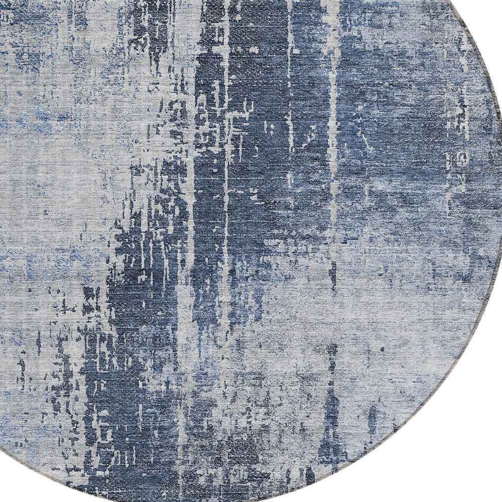 8' Navy Blue And Sky Blue Round Abstract Washable Indoor Outdoor Area Rug