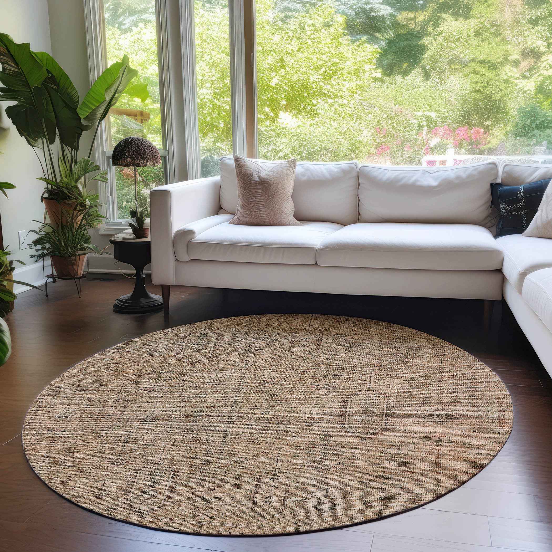 8' Terra Cotta And Copper Round Southwestern Washable Indoor Outdoor Area Rug