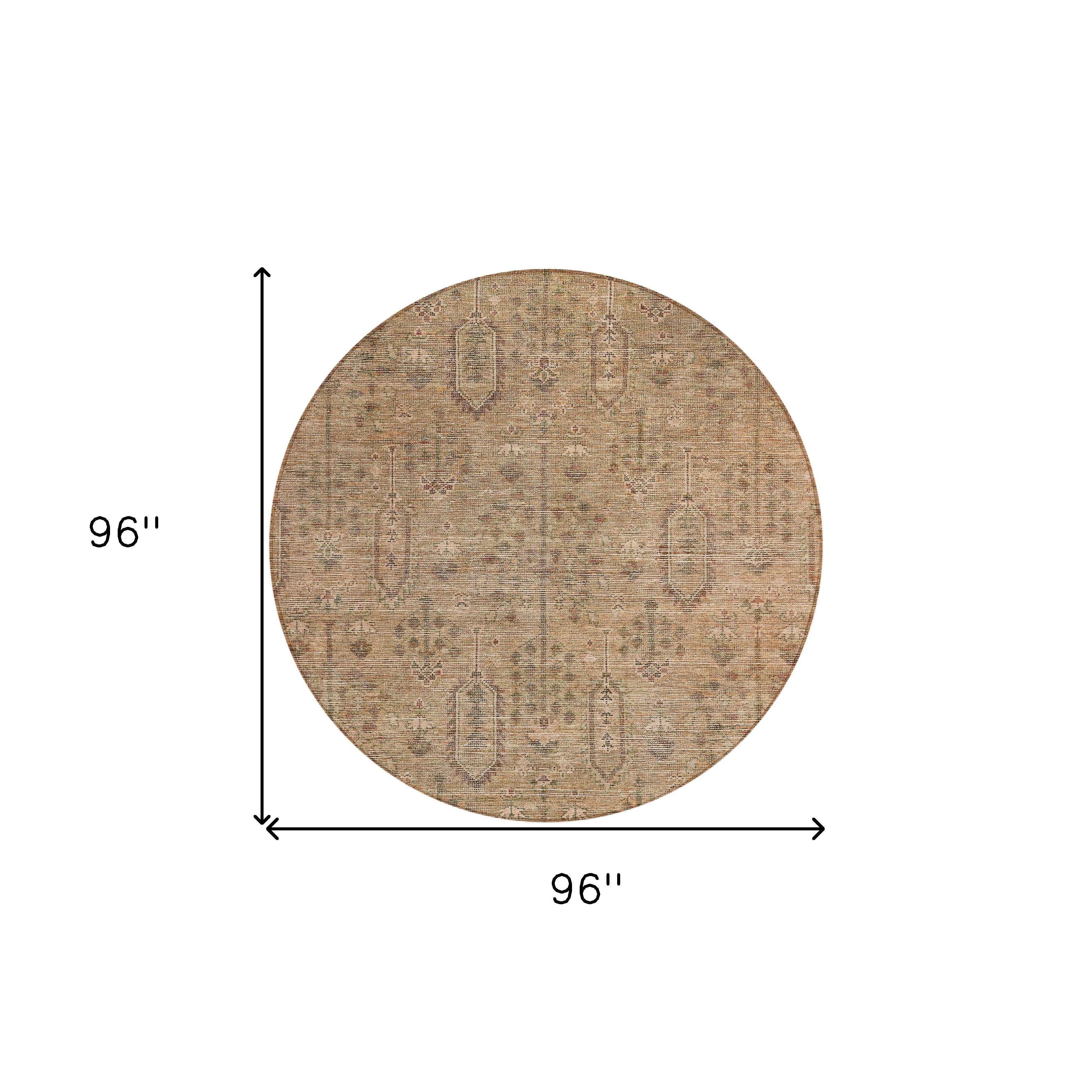 8' Terra Cotta And Copper Round Southwestern Washable Indoor Outdoor Area Rug