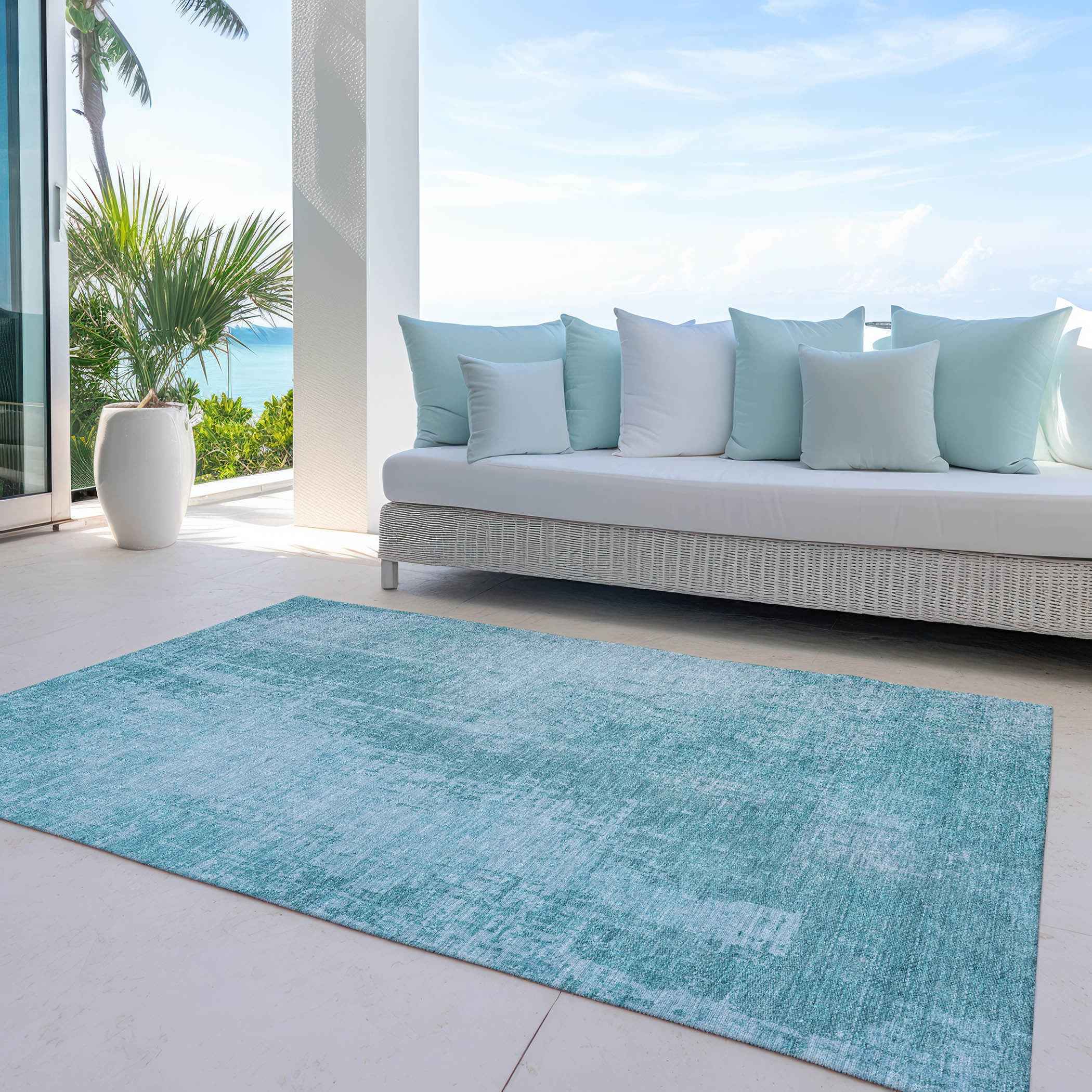 5' X 8' Aqua Teal Blue And Gray Abstract Washable Indoor Outdoor Area Rug