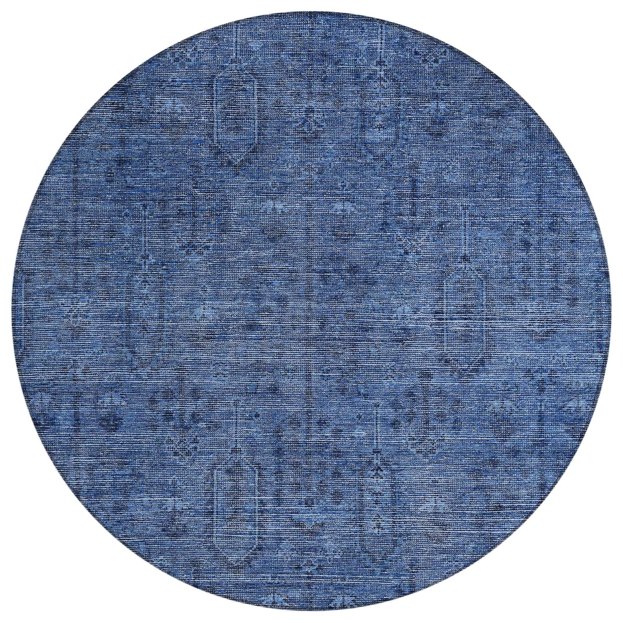 8' Navy Blue And Blue Round Southwestern Washable Indoor Outdoor Area Rug