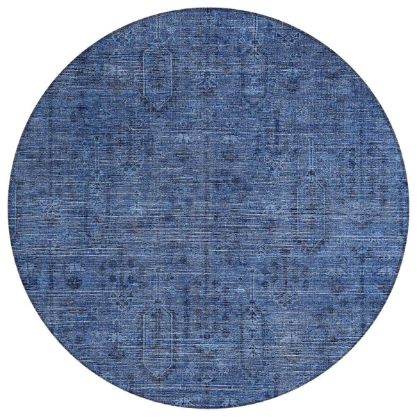 8' Navy Blue And Blue Round Southwestern Washable Indoor Outdoor Area Rug