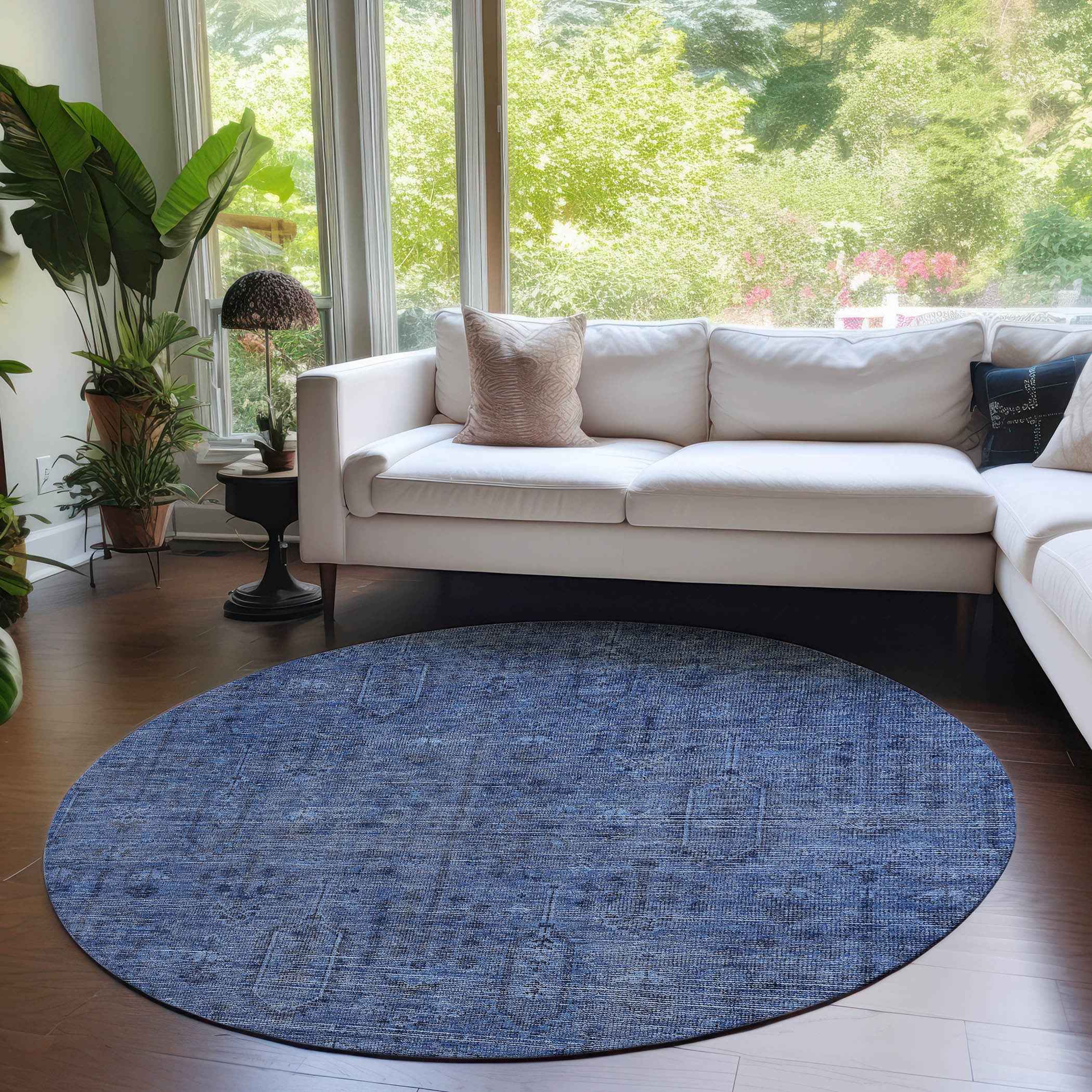 8' Navy Blue And Blue Round Southwestern Washable Indoor Outdoor Area Rug