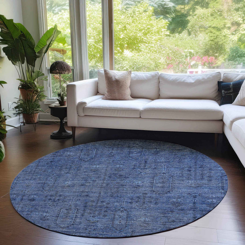 8' Navy Blue And Blue Round Southwestern Washable Indoor Outdoor Area Rug