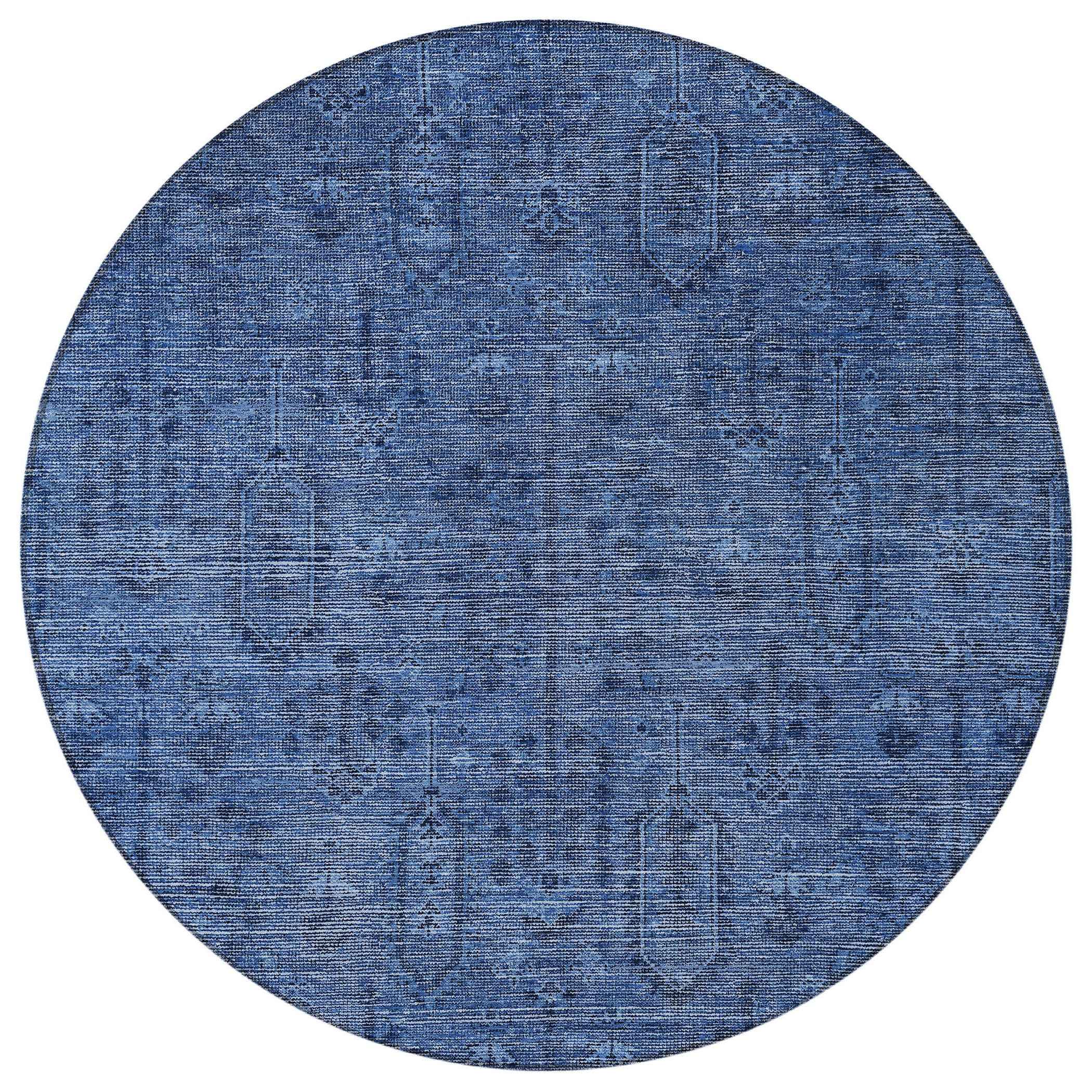 8' Navy Blue And Blue Round Southwestern Washable Indoor Outdoor Area Rug