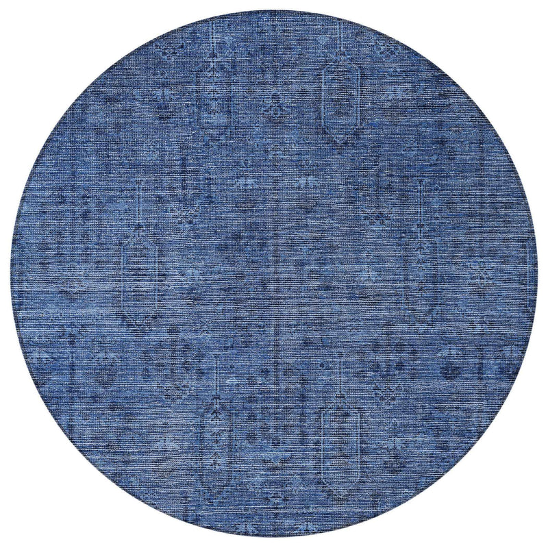 8' Navy Blue And Blue Round Southwestern Washable Indoor Outdoor Area Rug
