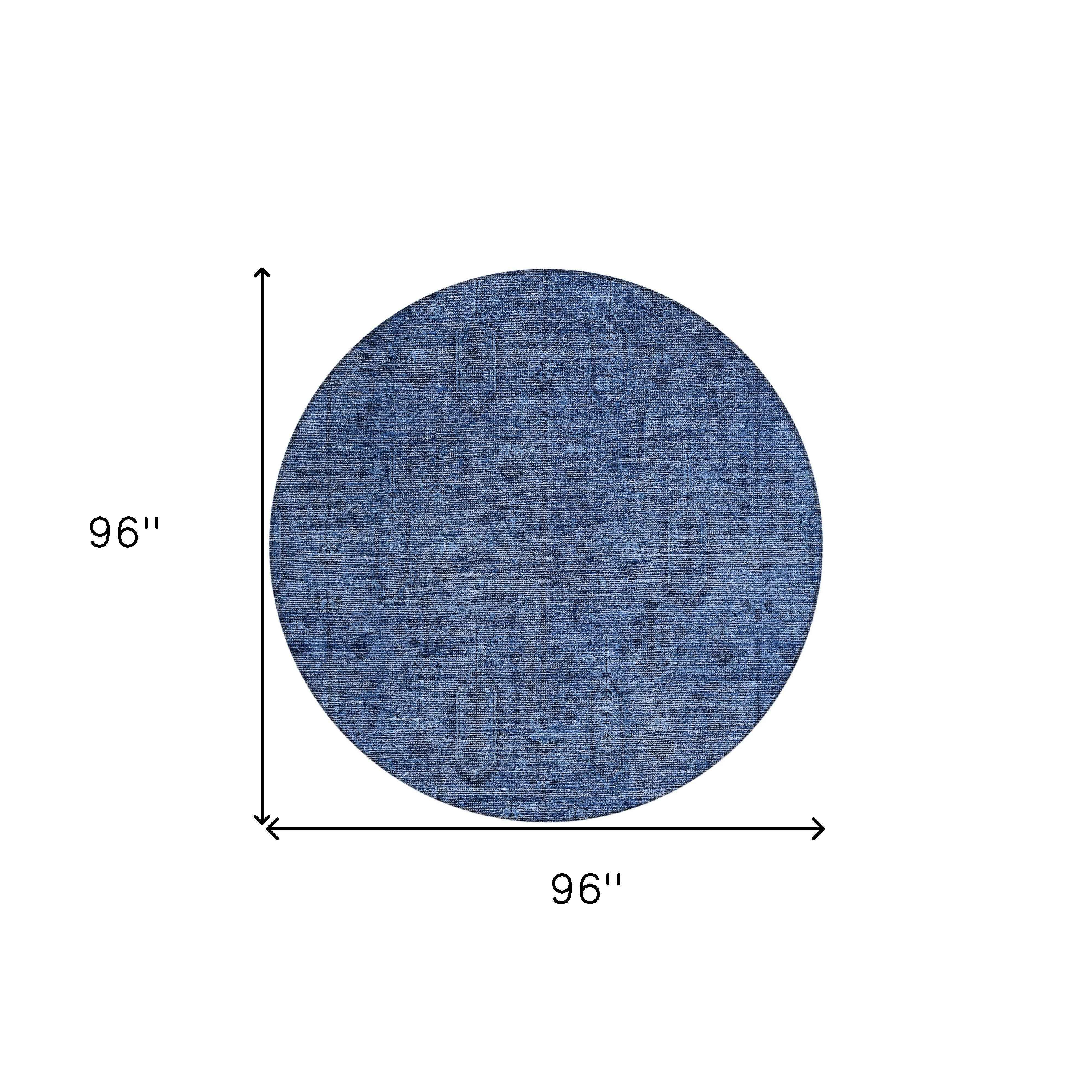 8' Navy Blue And Blue Round Southwestern Washable Indoor Outdoor Area Rug