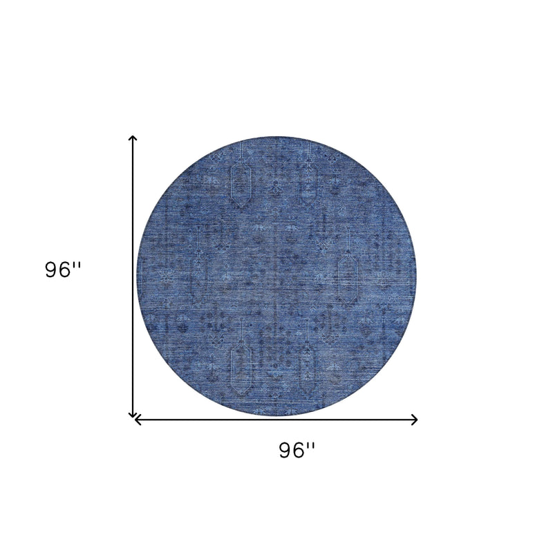 8' Navy Blue And Blue Round Southwestern Washable Indoor Outdoor Area Rug