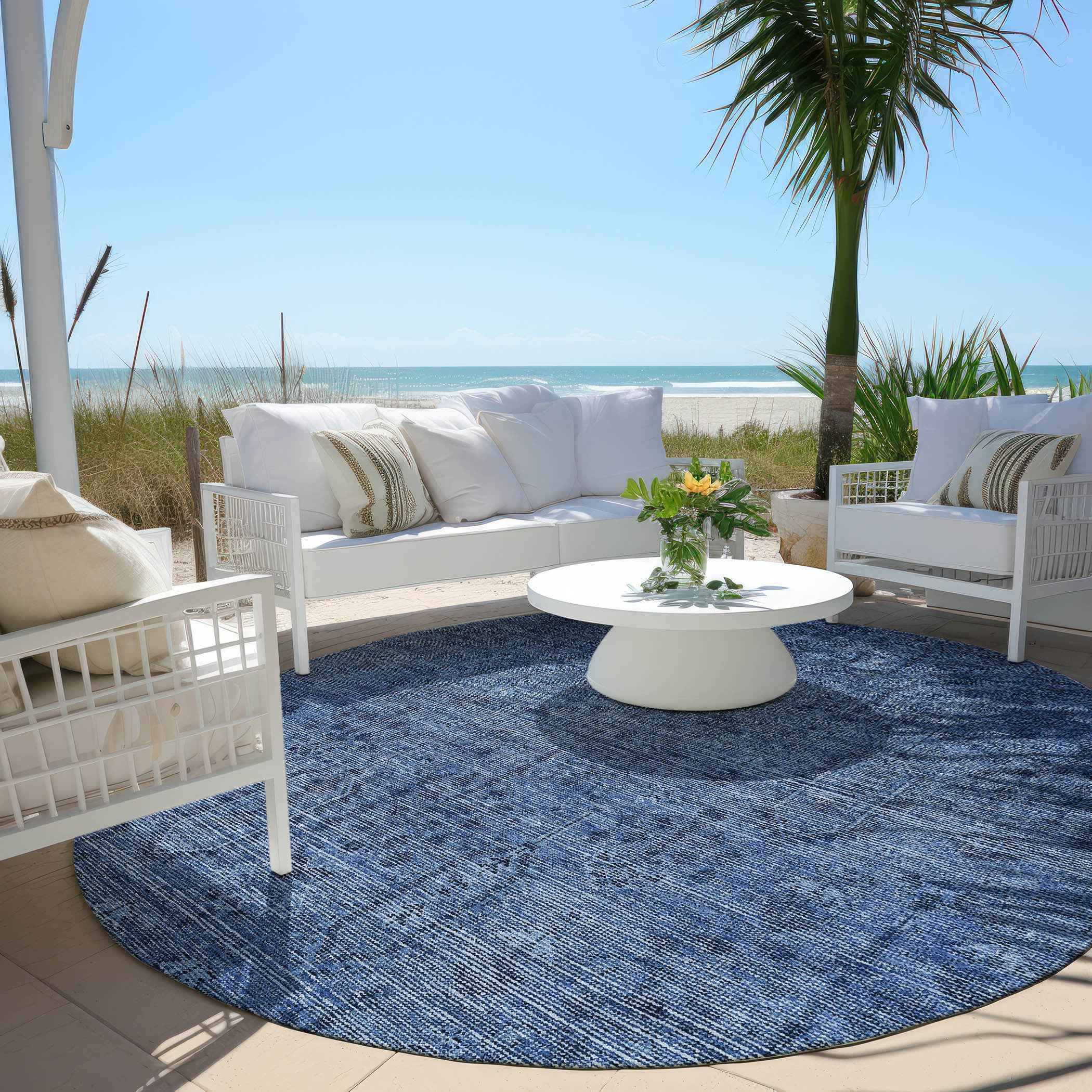 8' Navy Blue And Blue Round Southwestern Washable Indoor Outdoor Area Rug