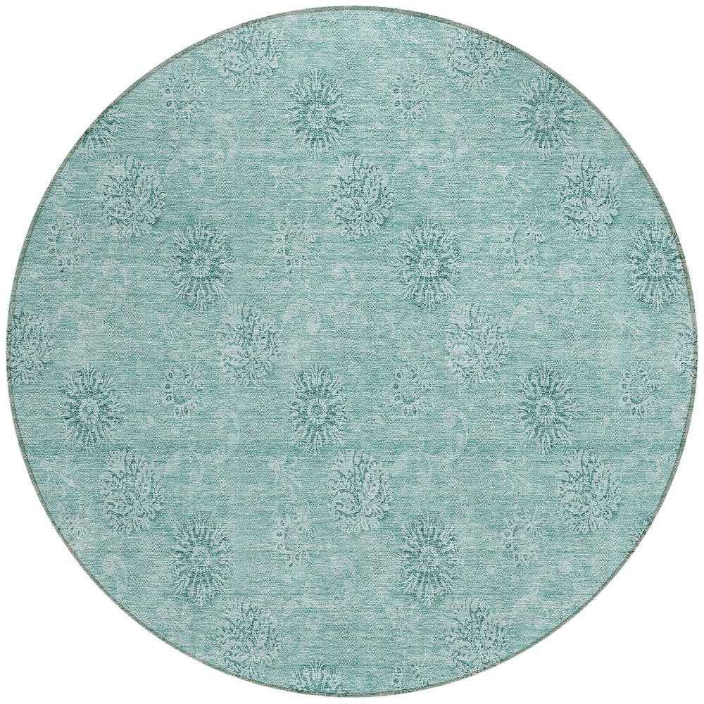8' Teal Blue And Ivory Round Floral Washable Indoor Outdoor Area Rug