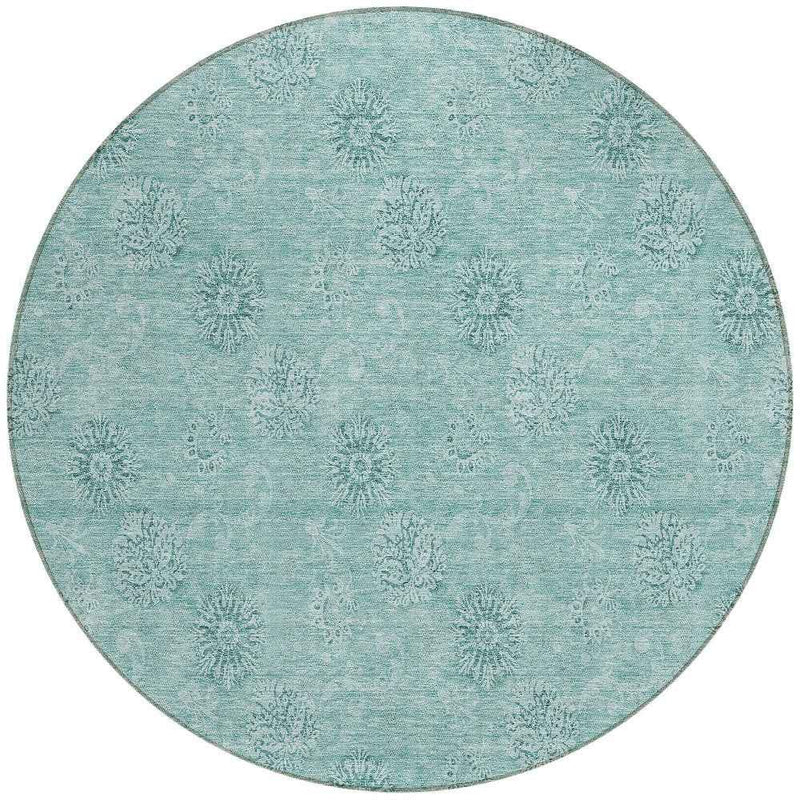 8' Teal Blue And Ivory Round Floral Washable Indoor Outdoor Area Rug